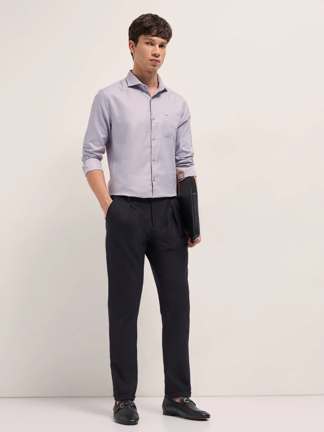 Purple Woven Pattern Cotton Tailored Fit Formal Shirt - Image 4
