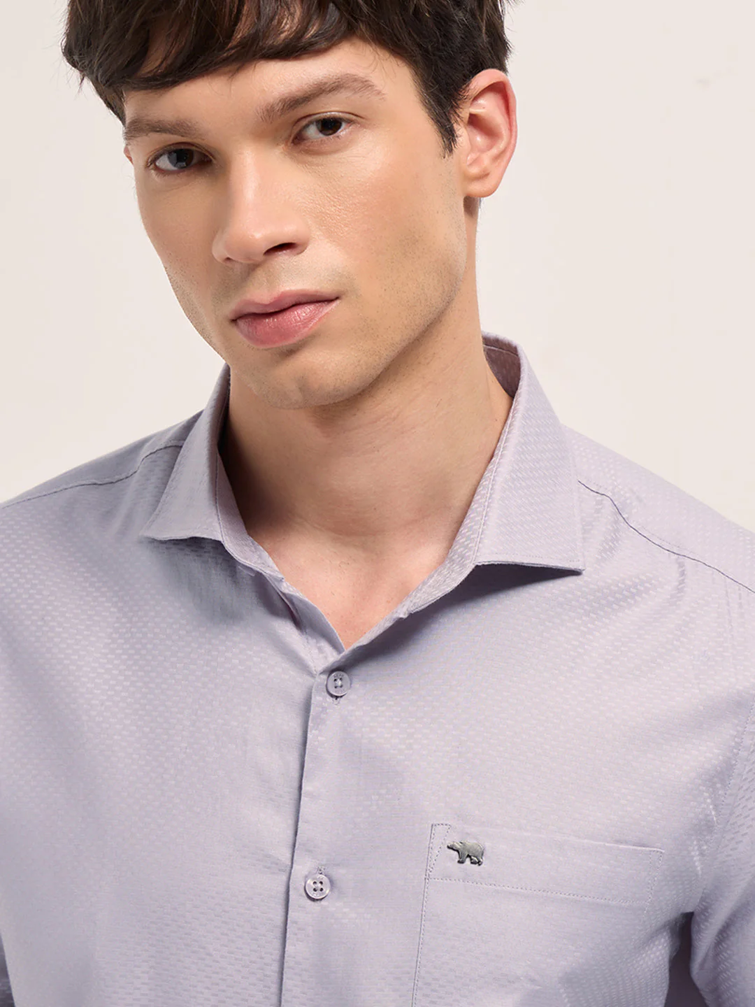 Purple Woven Pattern Cotton Tailored Fit Formal Shirt - Image 5