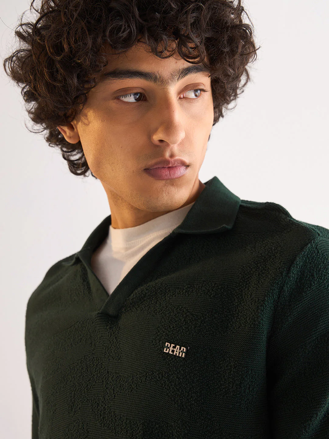 Green Textured Knit Slim Fit Polo with V-Neck Opening - Image 5