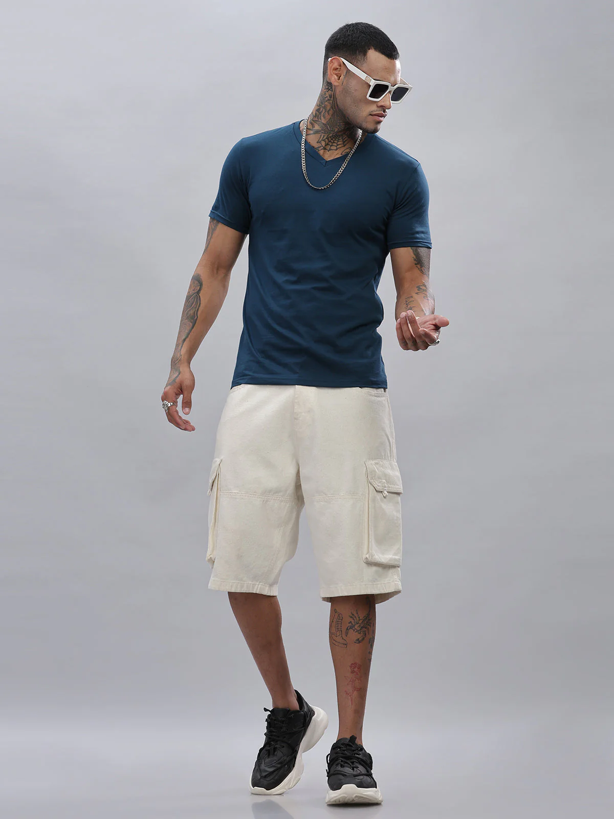 Solid Cotton V Neck T-Shirt - Image 83