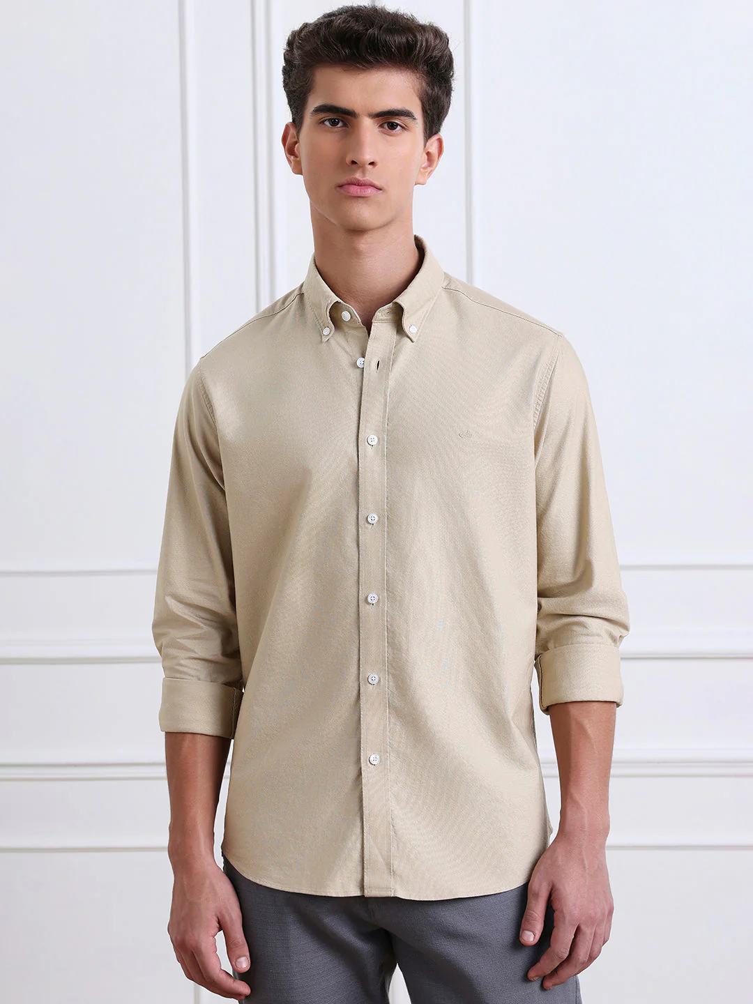 Beige Regular Fit Solid Casual Cotton Shirt - Image 2