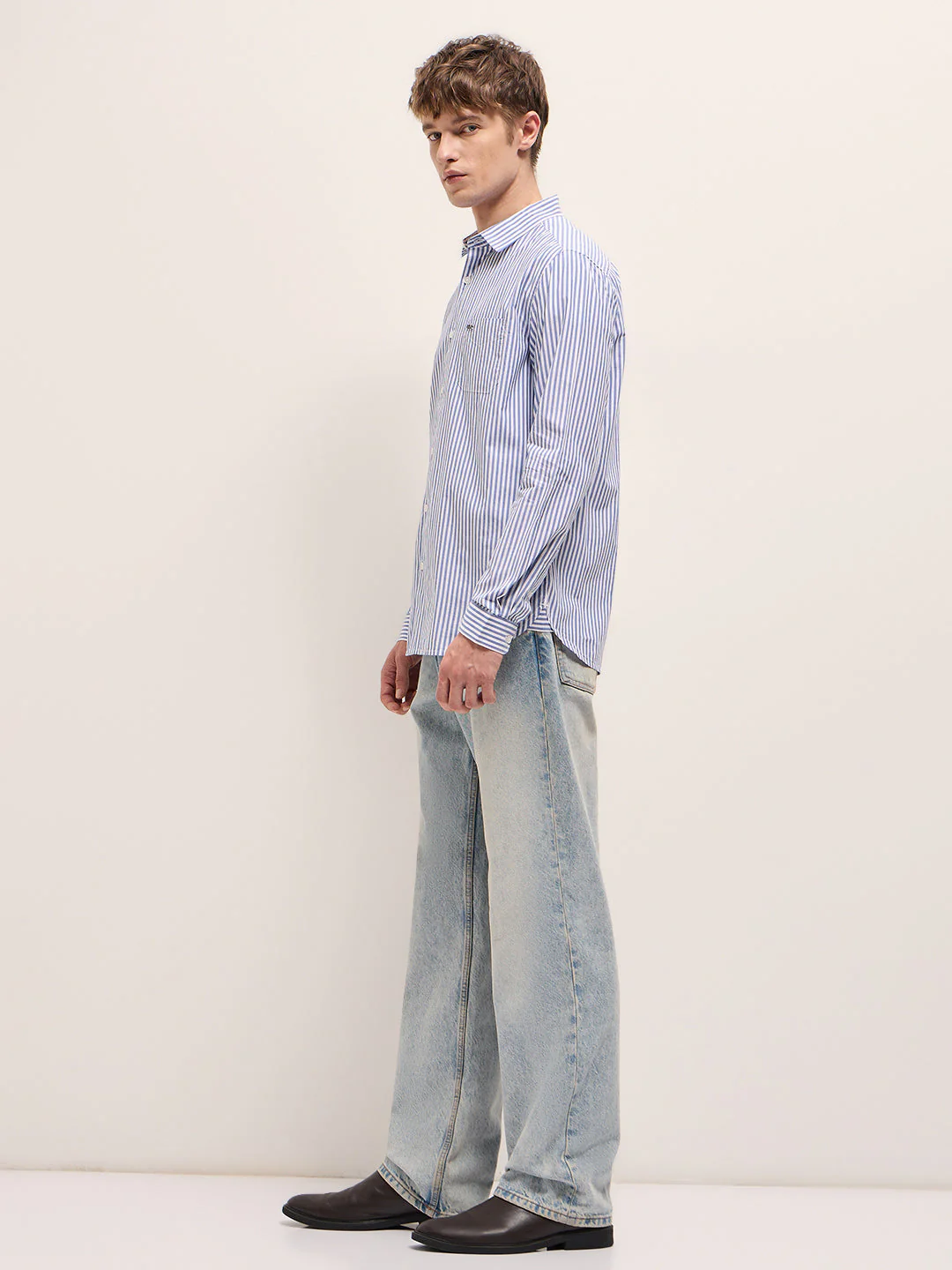 White with Blue Vertical Stripes Slim Fit Casual Shirt - Image 3