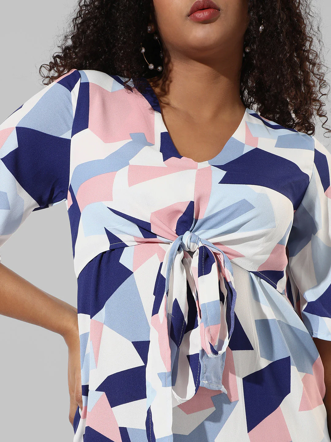 Abstract Print Dress With Tie-Up Waist - Image 7