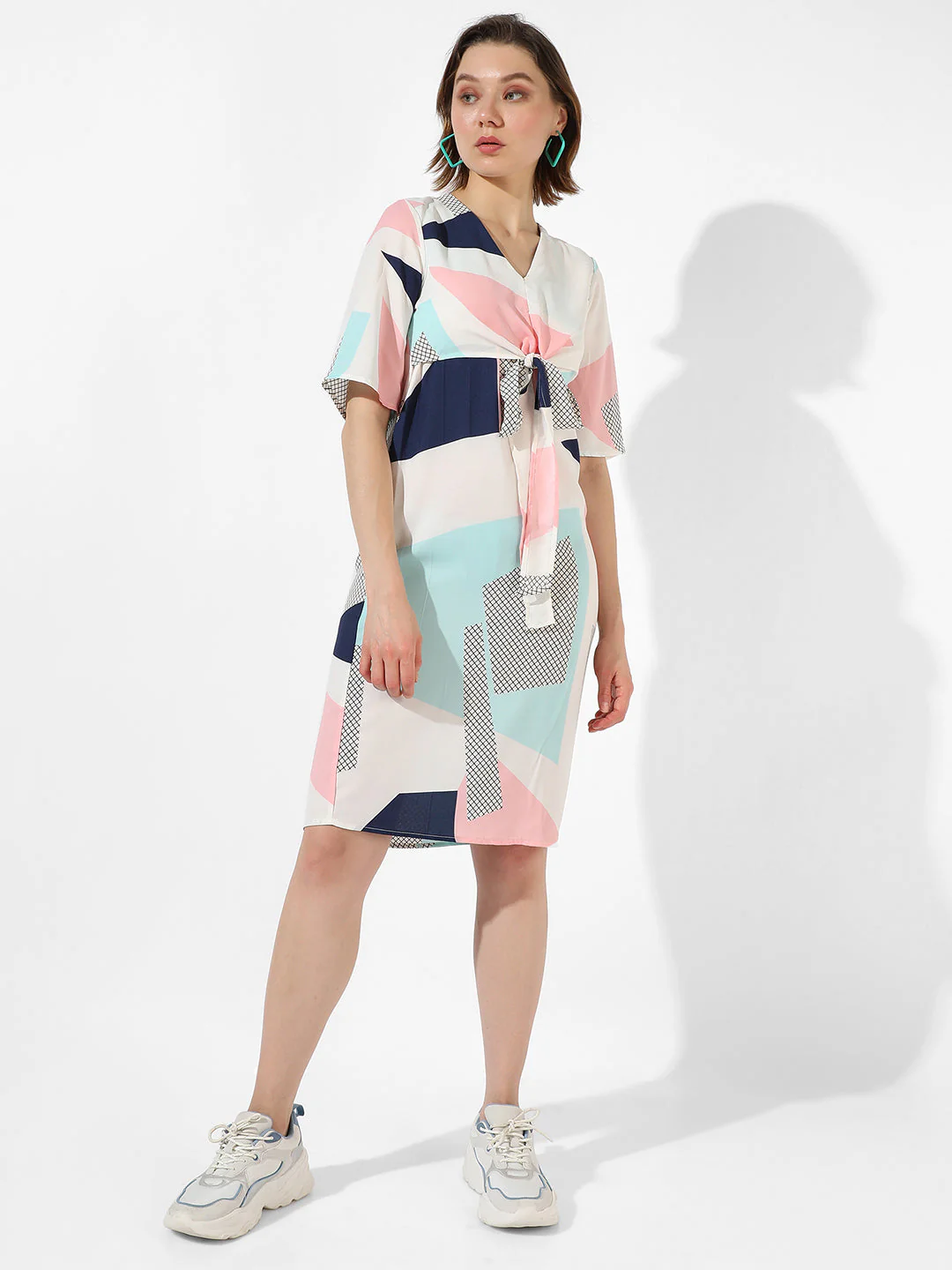 Abstract Print Dress With Tie-Up Waist - Image 5