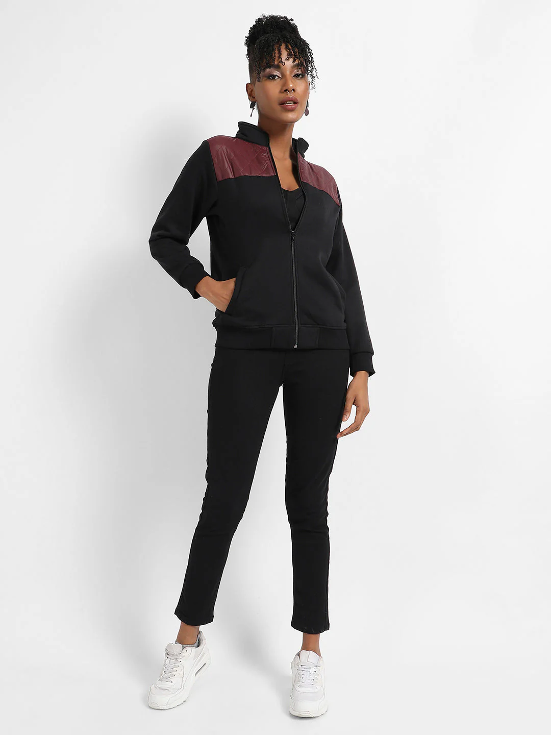 Black & Wine Zip-Front Jacket With Quilted Details - Image 5