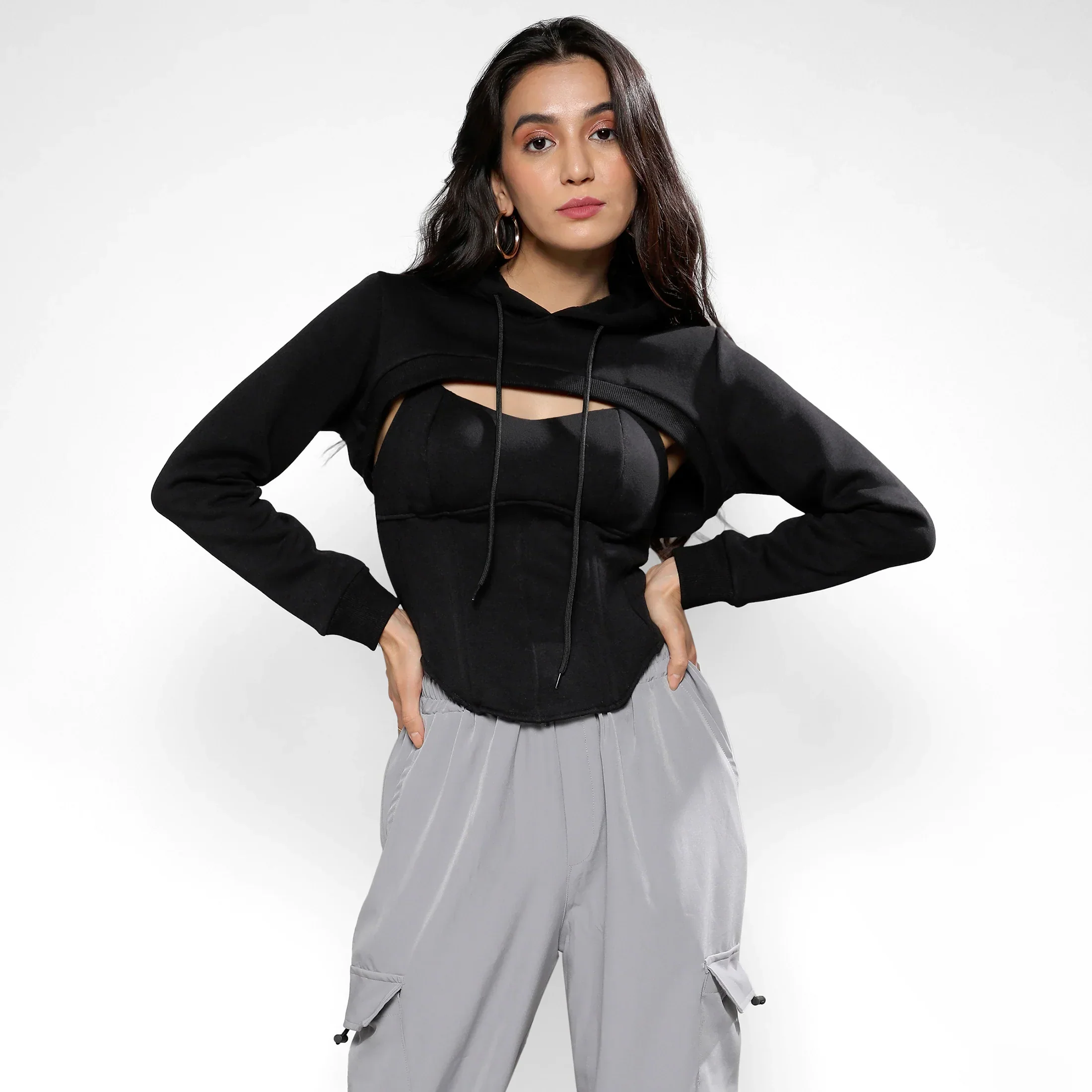 Carbon Black Corset Top With Ultra Cropped Hoodie - Image 3