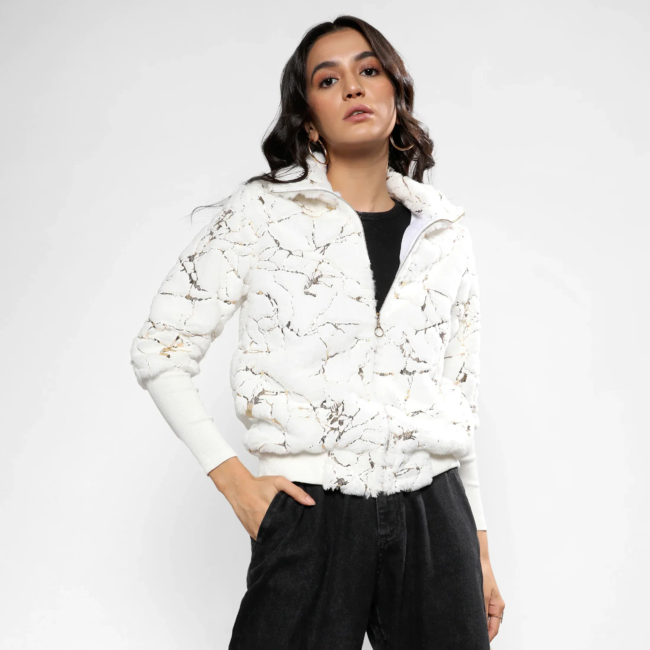 Chalk White Metallic Veined Faux Fur Jacket - Image 2