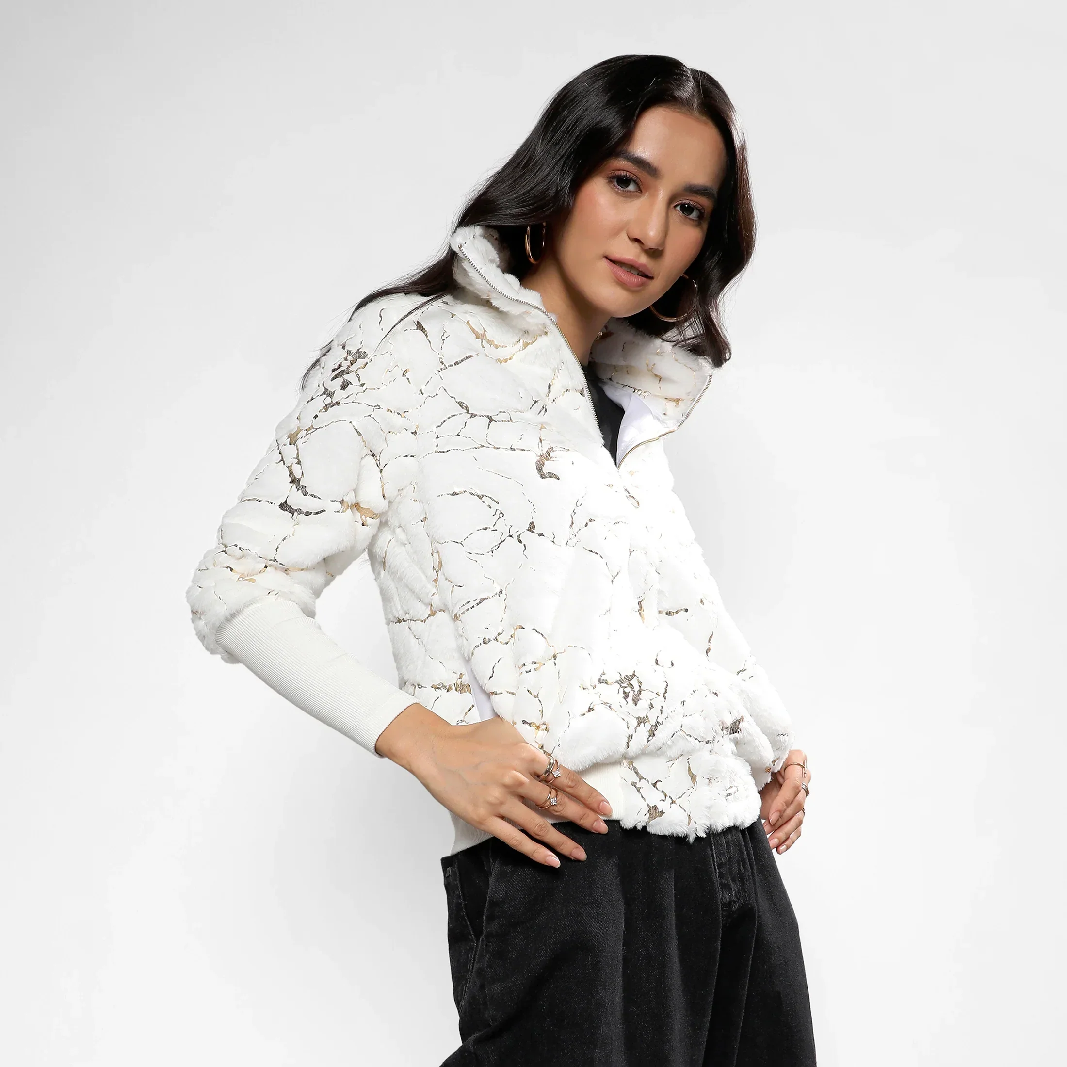 Chalk White Metallic Veined Faux Fur Jacket - Image 3