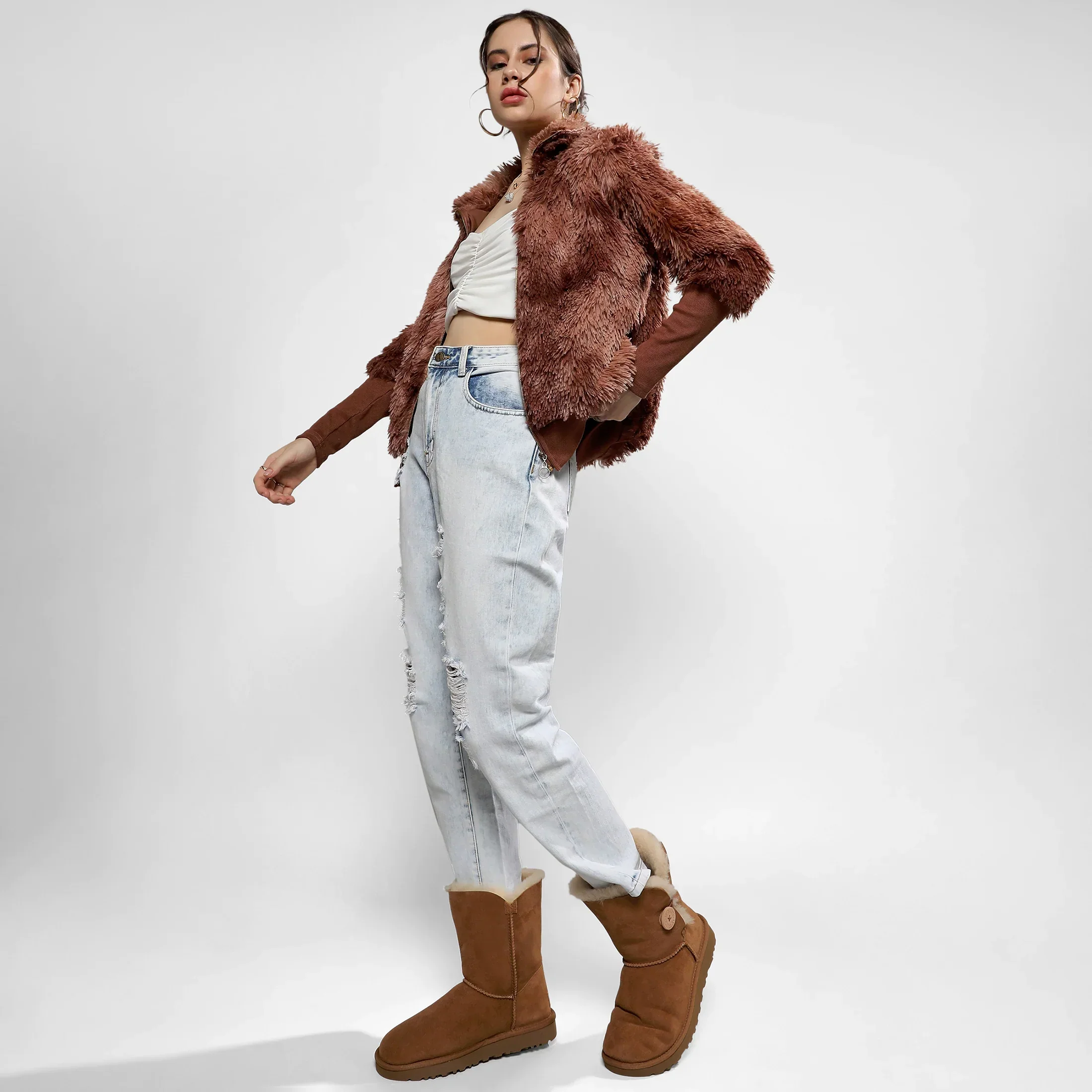 Chocolate Brown Faded Faux Fur Jacket - Image 5