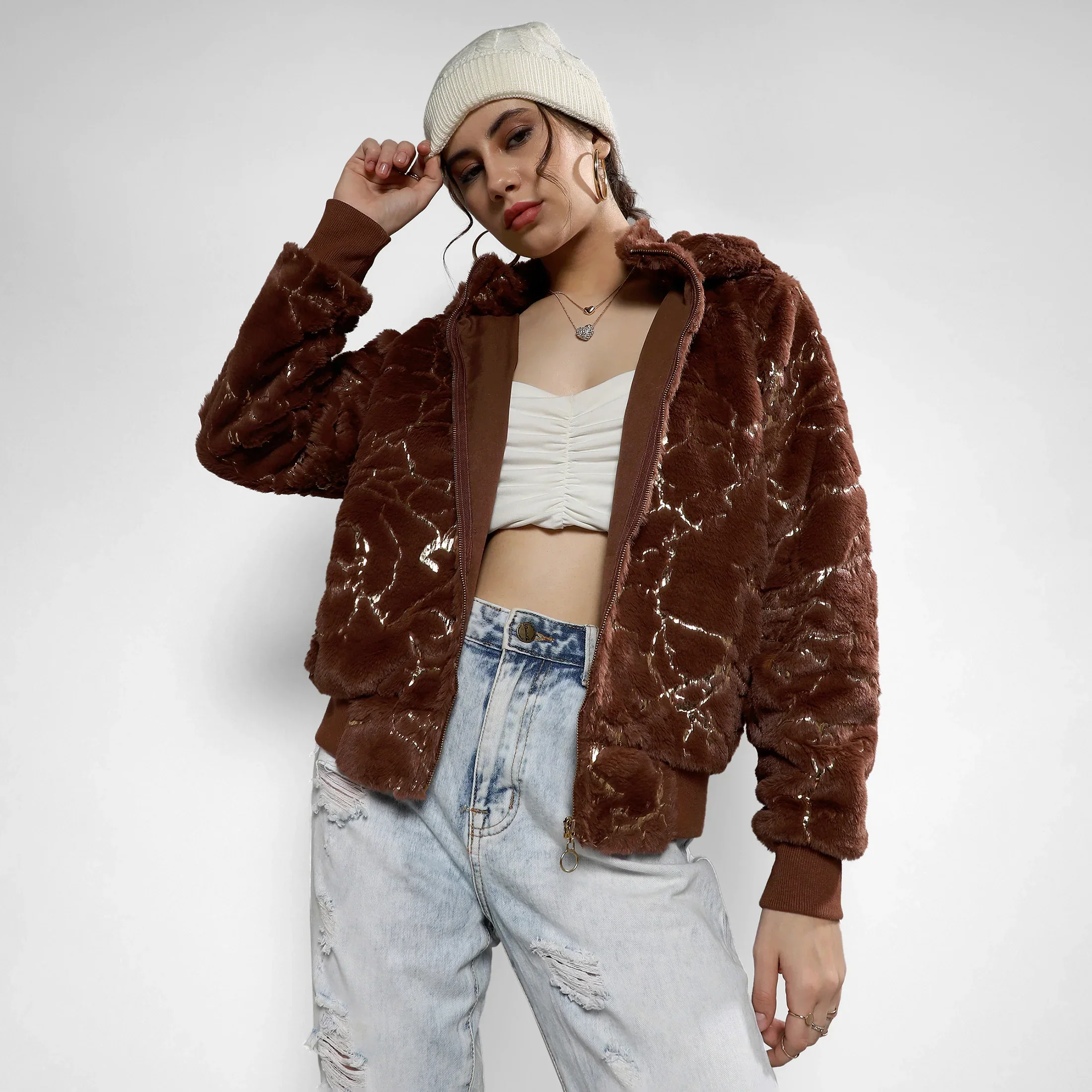 Chocolate Brown Metallic Veined Faux Fur Jacket - Image 2
