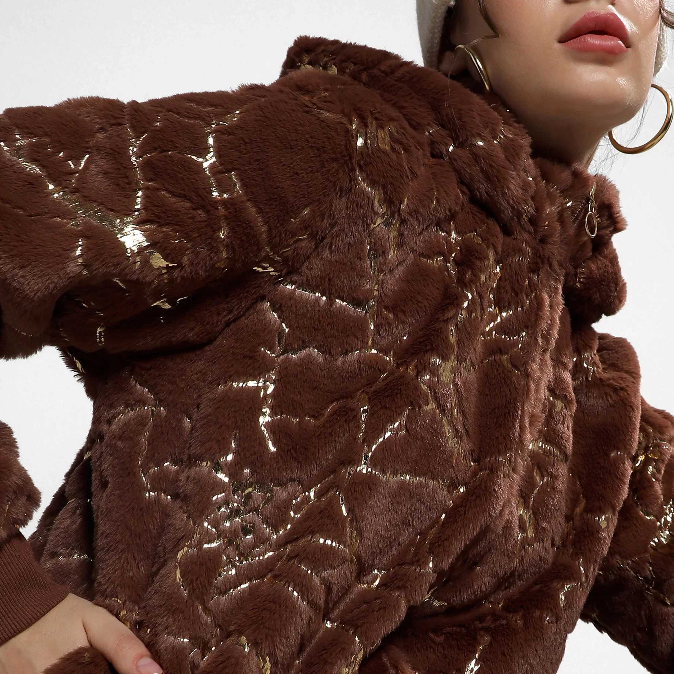 Chocolate Brown Metallic Veined Faux Fur Jacket - Image 7