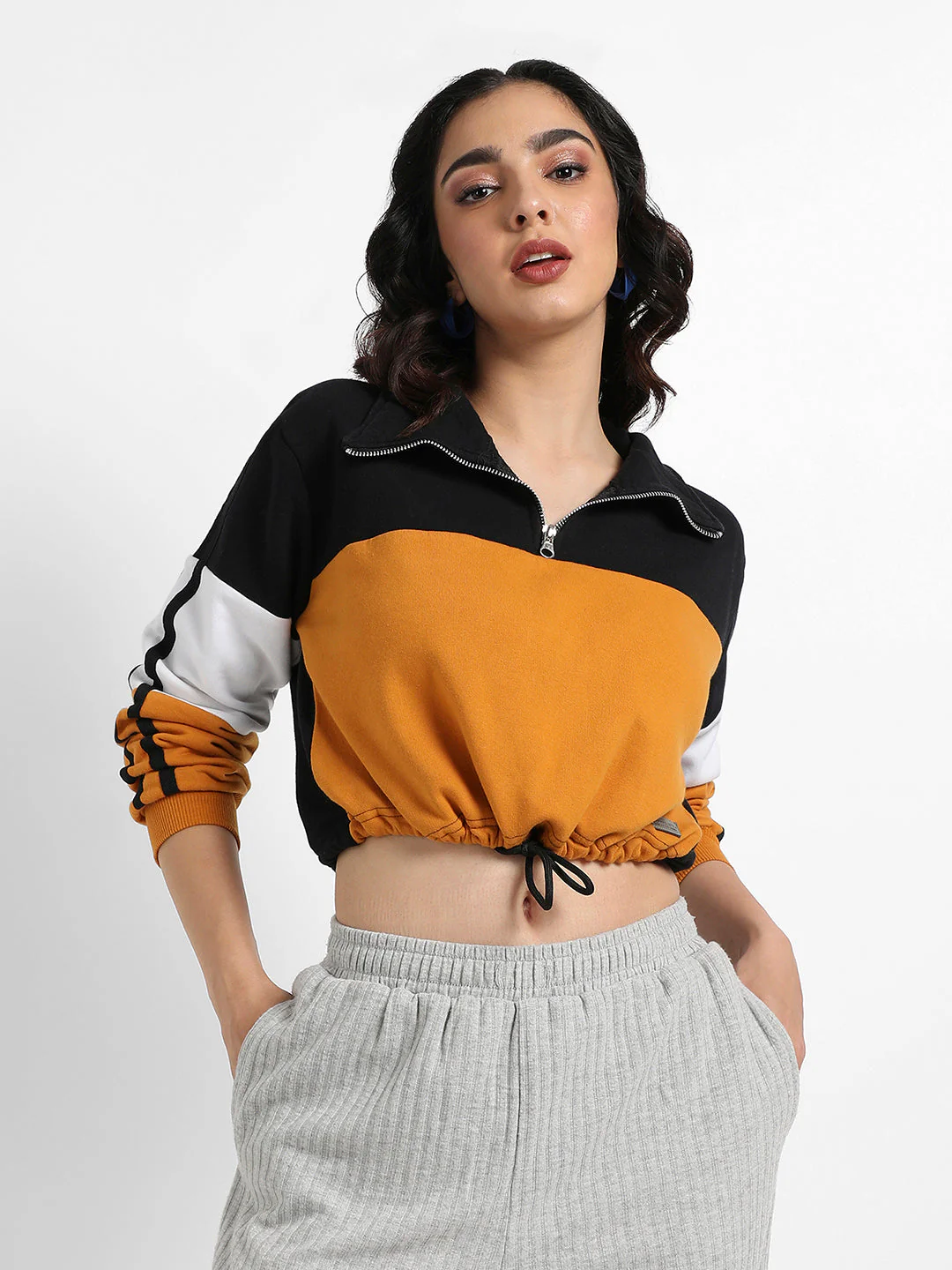 Colourblock Cropped Sweatshirt With Tie-Up Waist - Image 2
