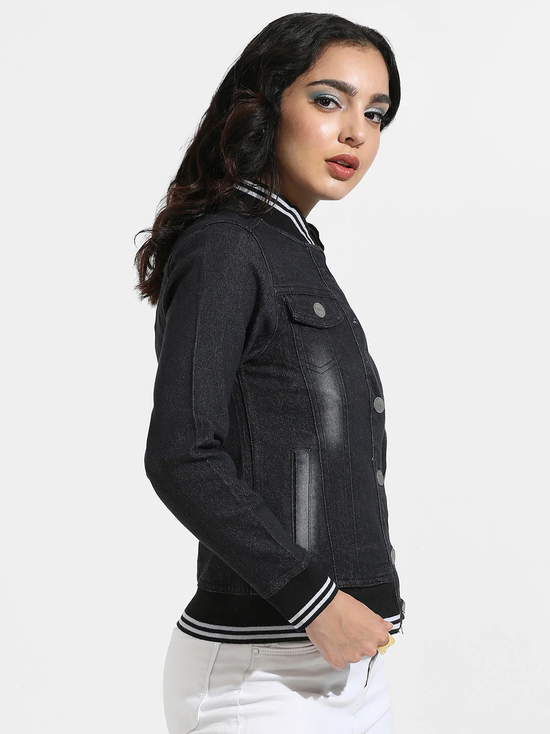 Denim Jacket With Contrast Striped Hem - Image 3