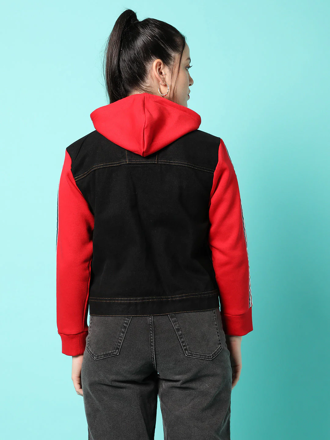 Denim Jacket With Sweatshirt Sleeve - Image 3