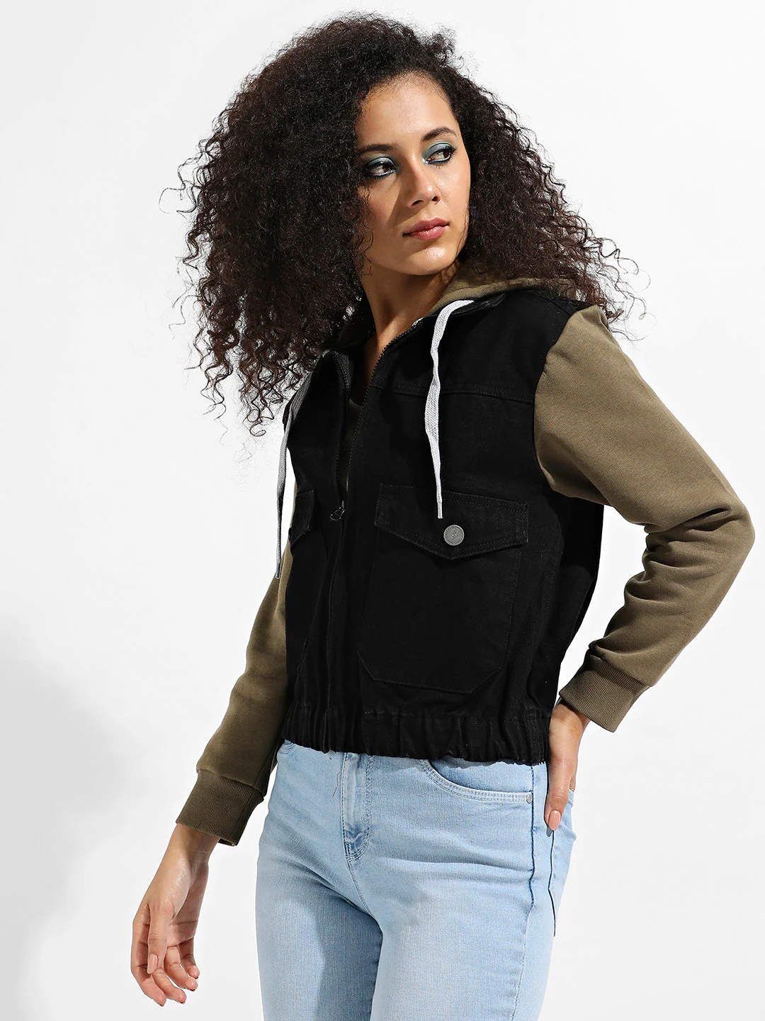 Denim Jacket With Sweatshirt Sleeve - Image 3