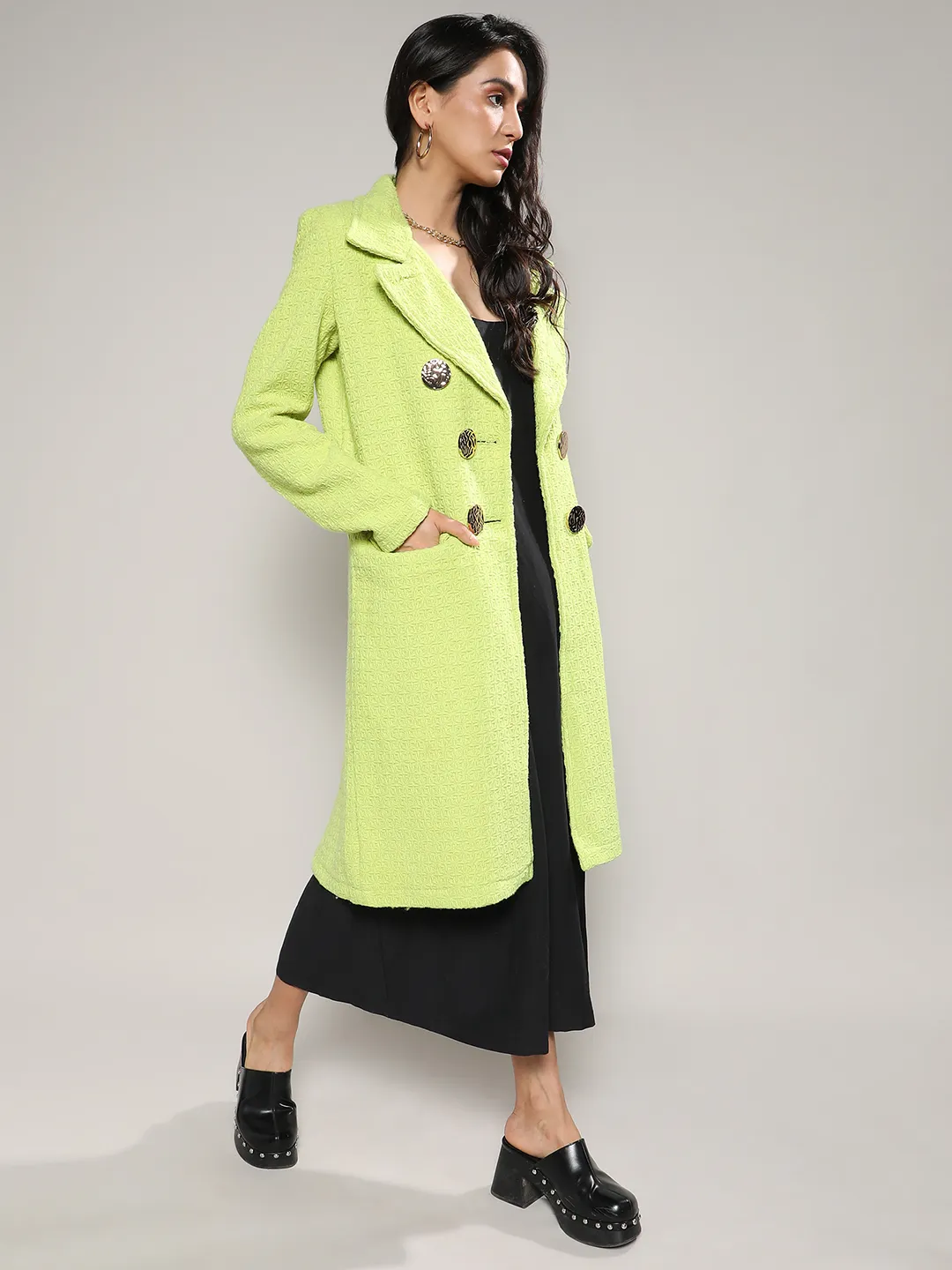 Double- Breasted Textured Long Coat - Image 3