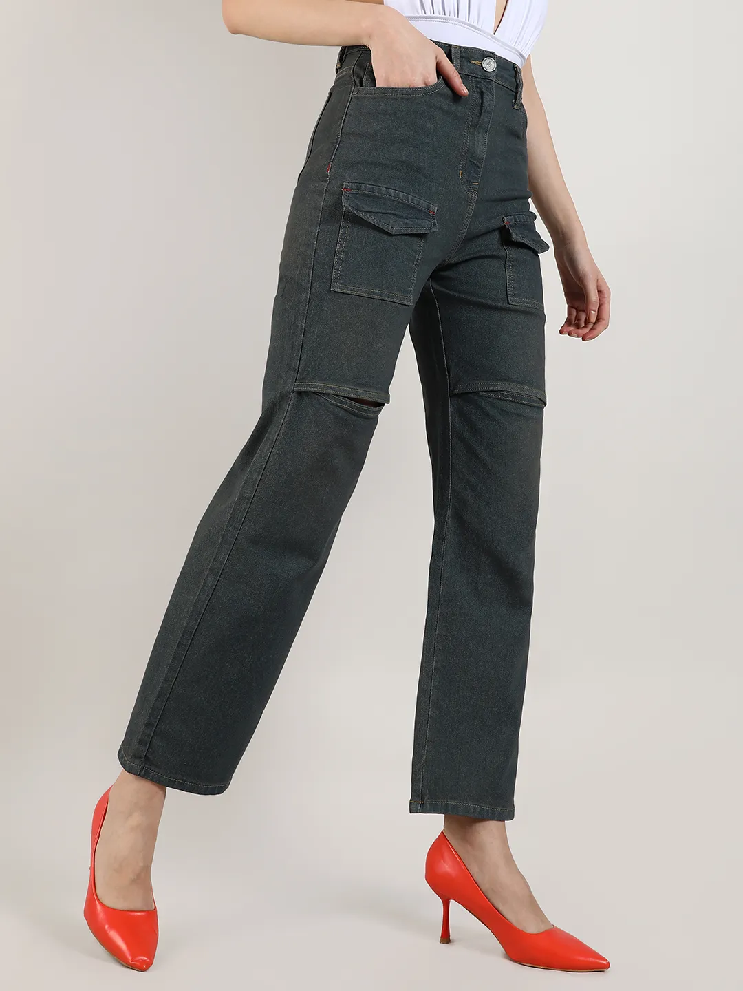 Flared Cargo Denim Jeans - Image 3