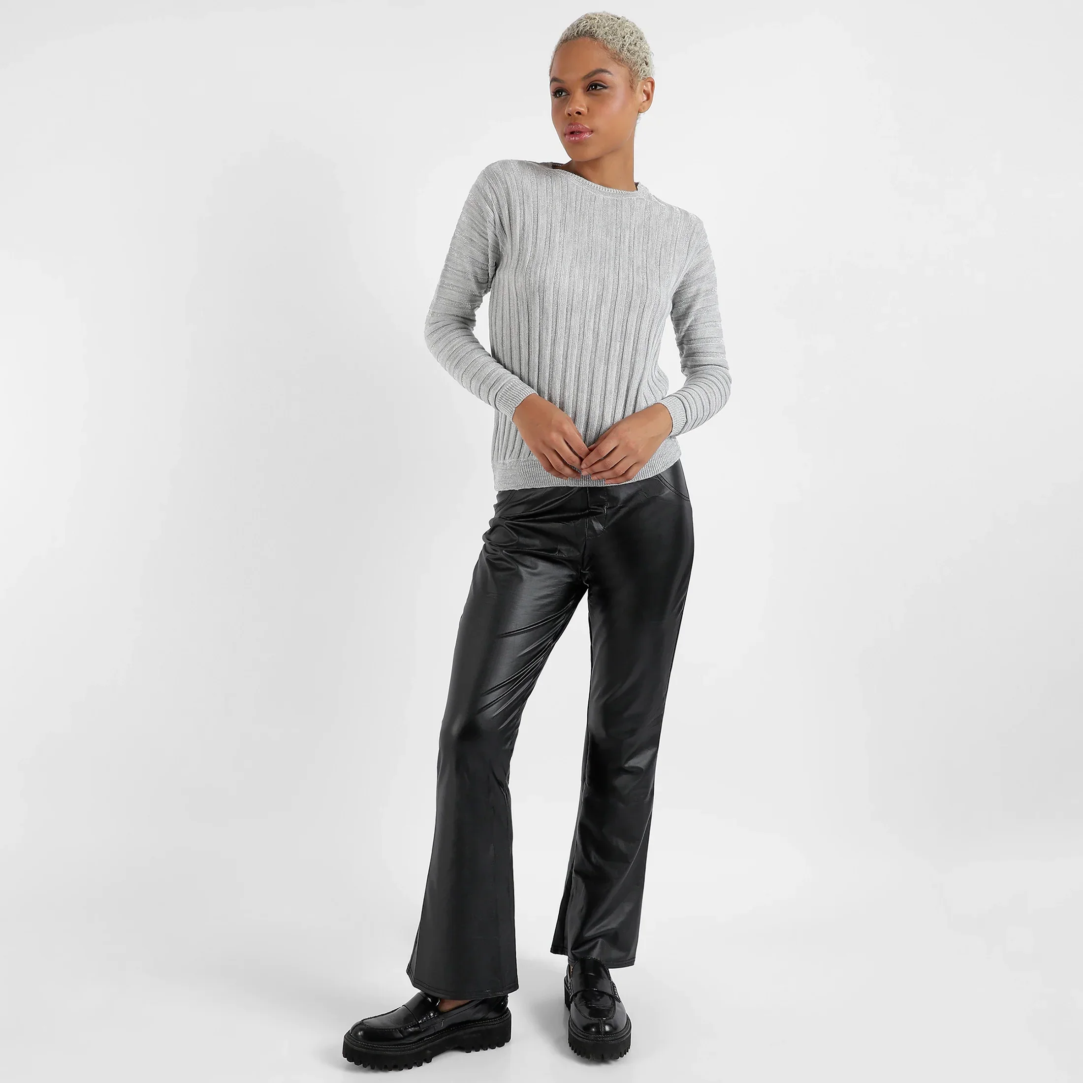 Grey Ribbed Knit Sweater - Image 5
