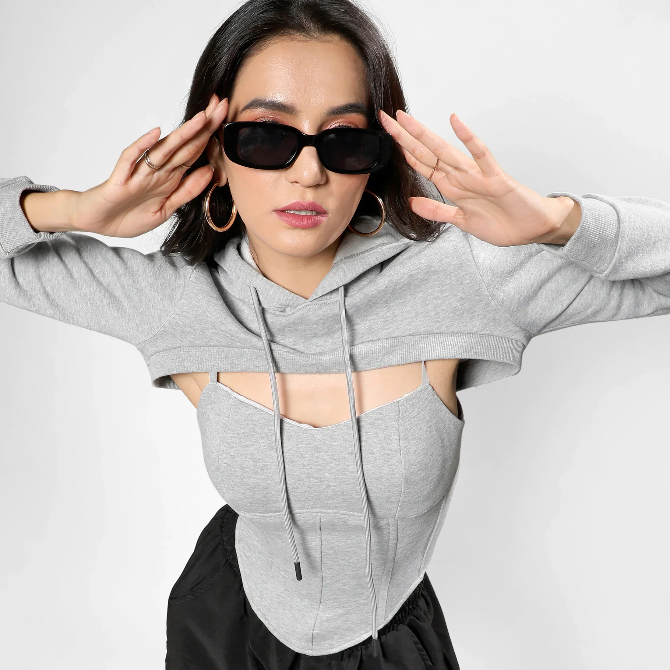 Light Grey Corset Top With Ultra Cropped Hoodie - Image 5