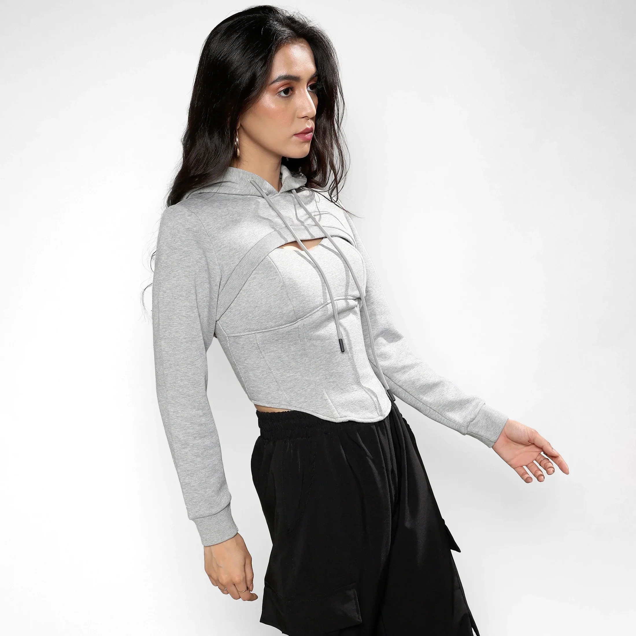 Light Grey Corset Top With Ultra Cropped Hoodie - Image 6