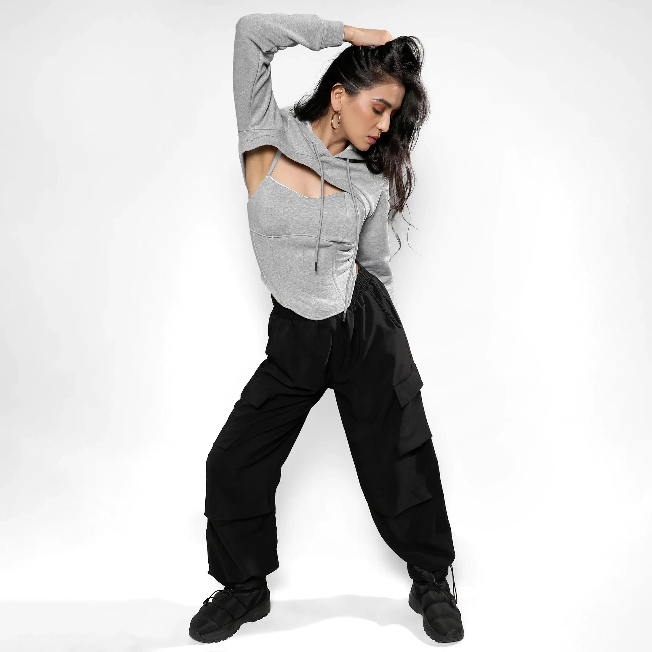 Light Grey Corset Top With Ultra Cropped Hoodie - Image 8