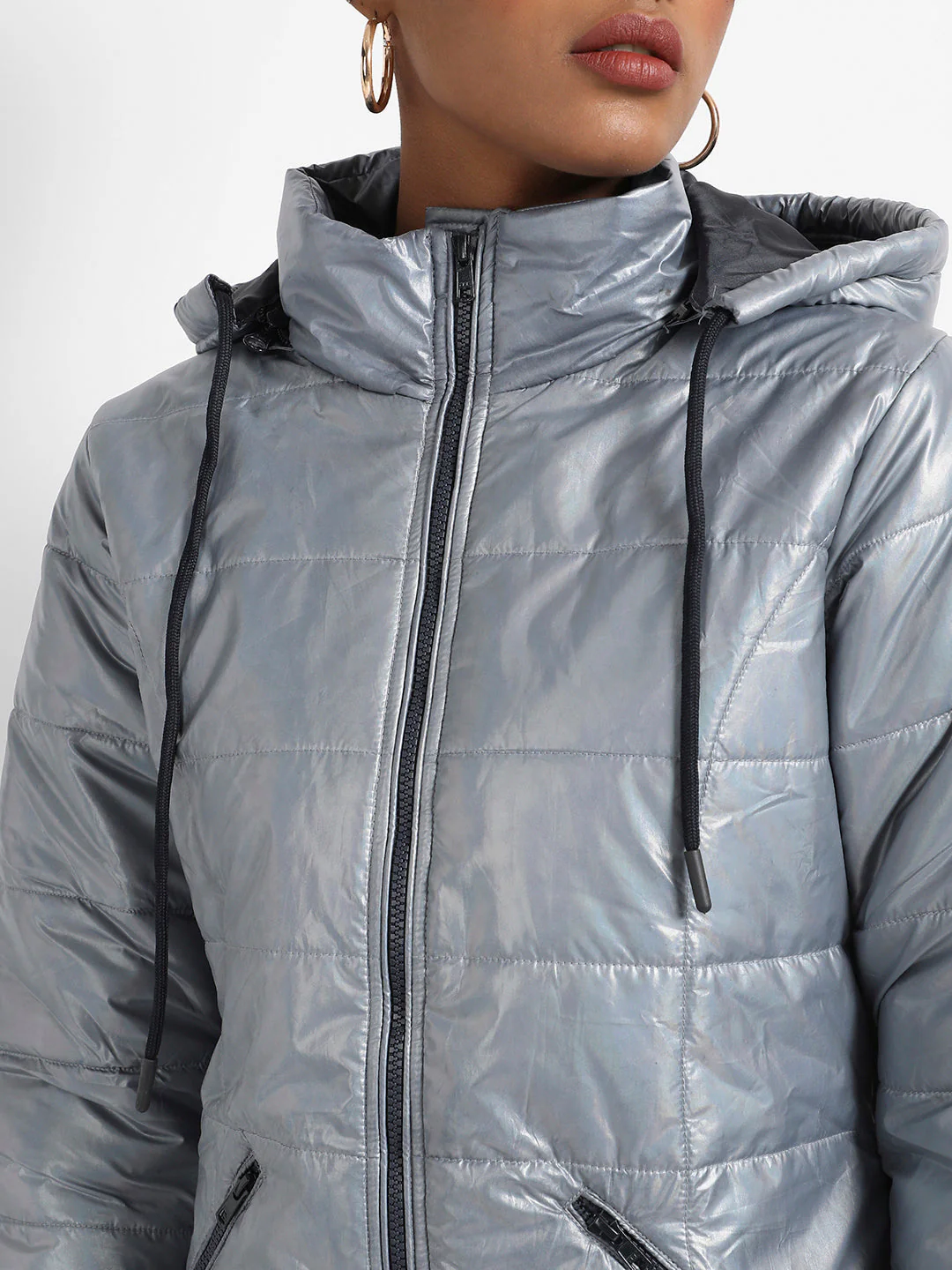 Metallic Quilted Puffer Jacket With Zip Closure - Image 7