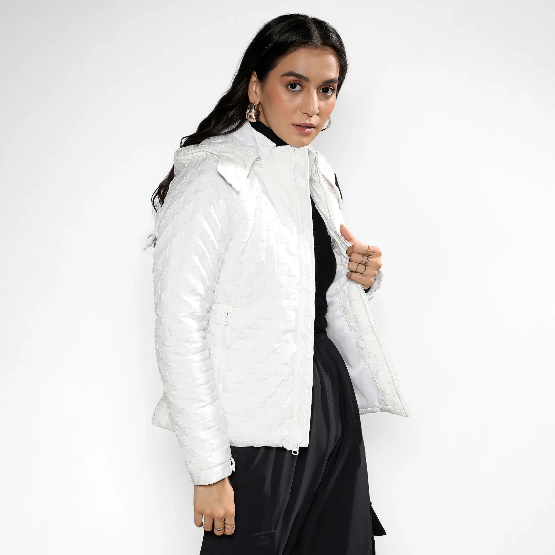 Powder White Buffallo Check Quilted Puffer Jacket - Image 3