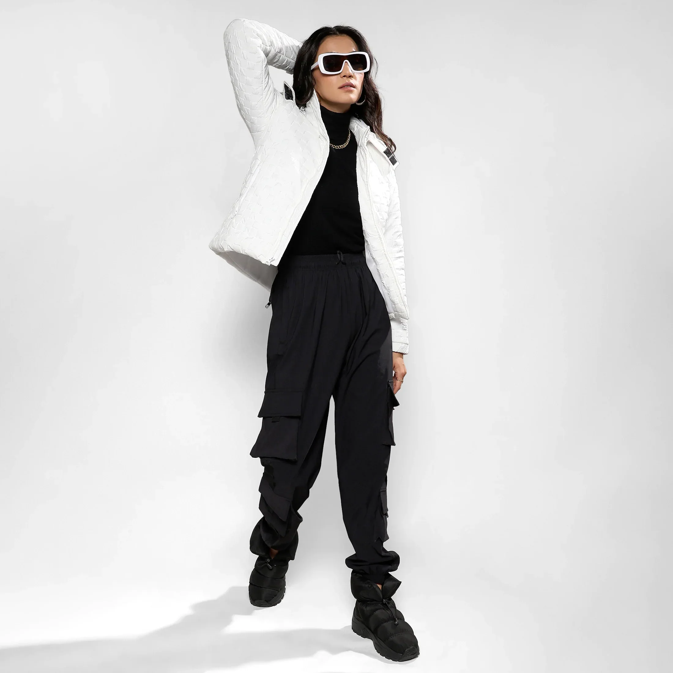 Powder White Buffallo Check Quilted Puffer Jacket - Image 6