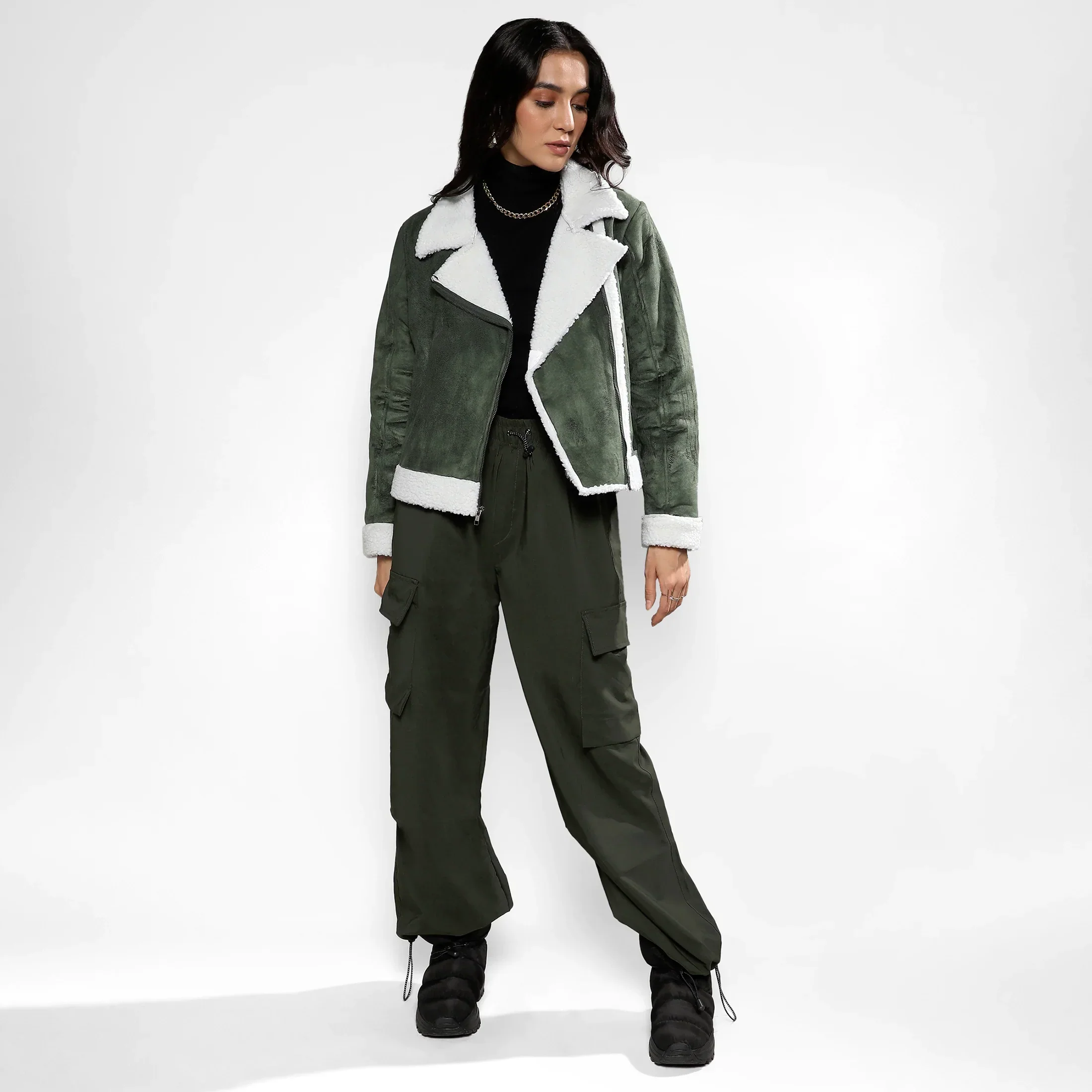 Seaweed Green Fleece Lined Biker Jacket - Image 5