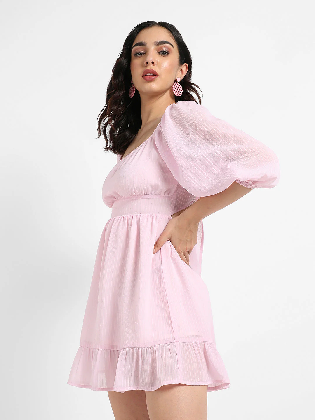 Solid Balloon Sleeve Dress - Image 3