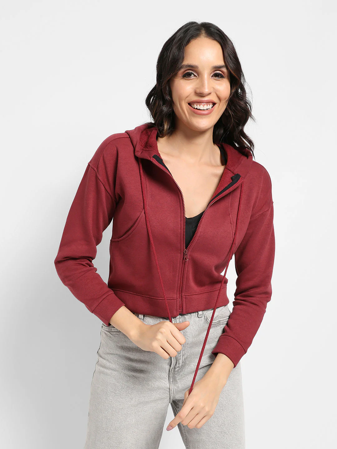 Solid Crop Hoodie With Zip-Closure - Image 2