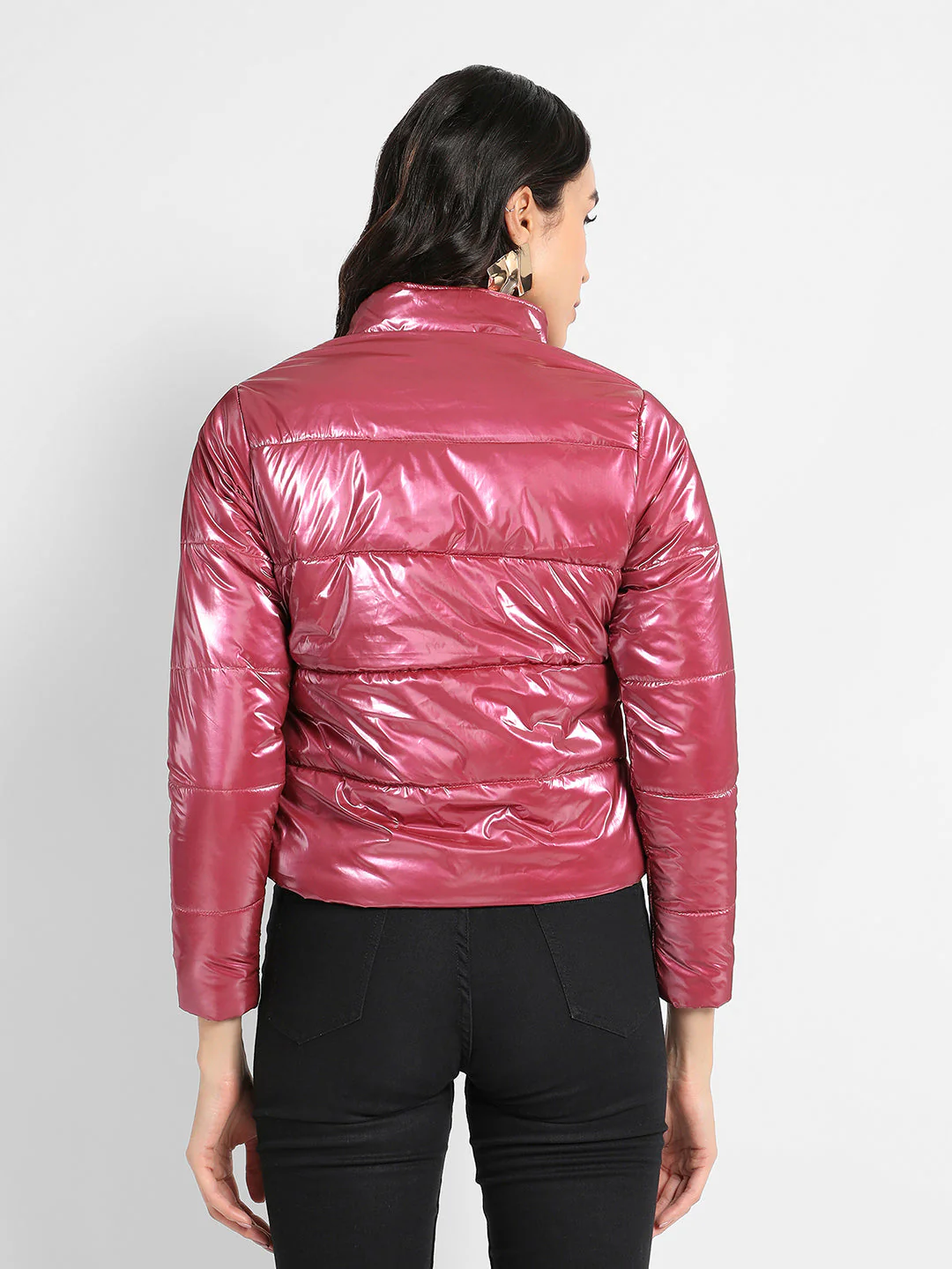 Solid High-Neck Quilted Bomber Jacket - Image 4