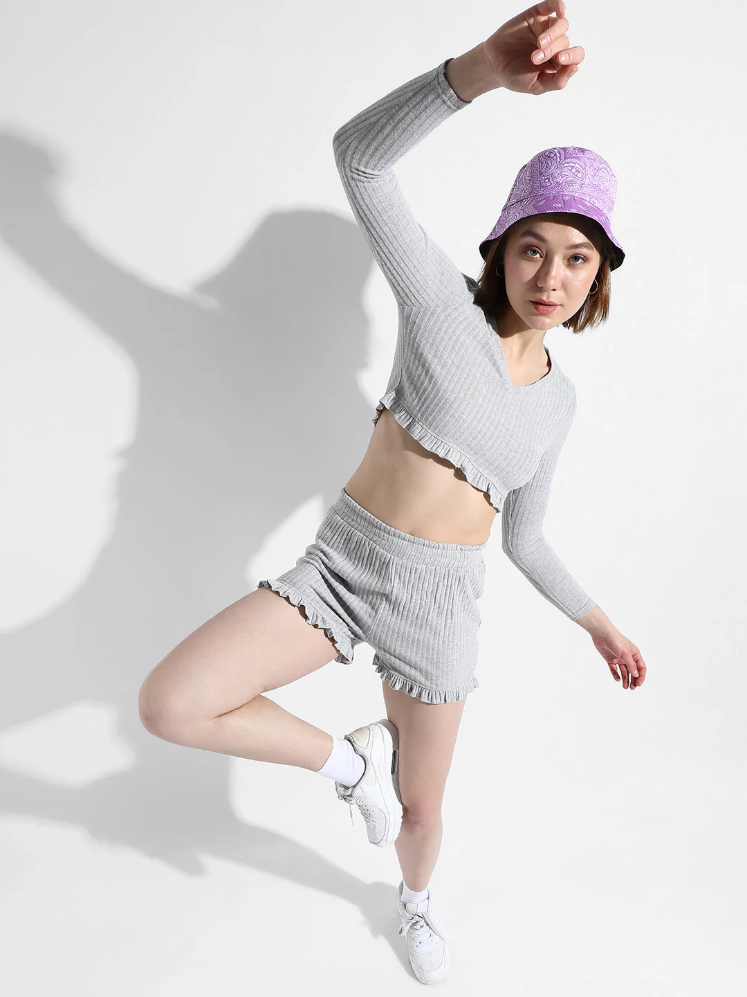 Solid Ribbed Co-Ord Set With Ruffle Detail - Image 6