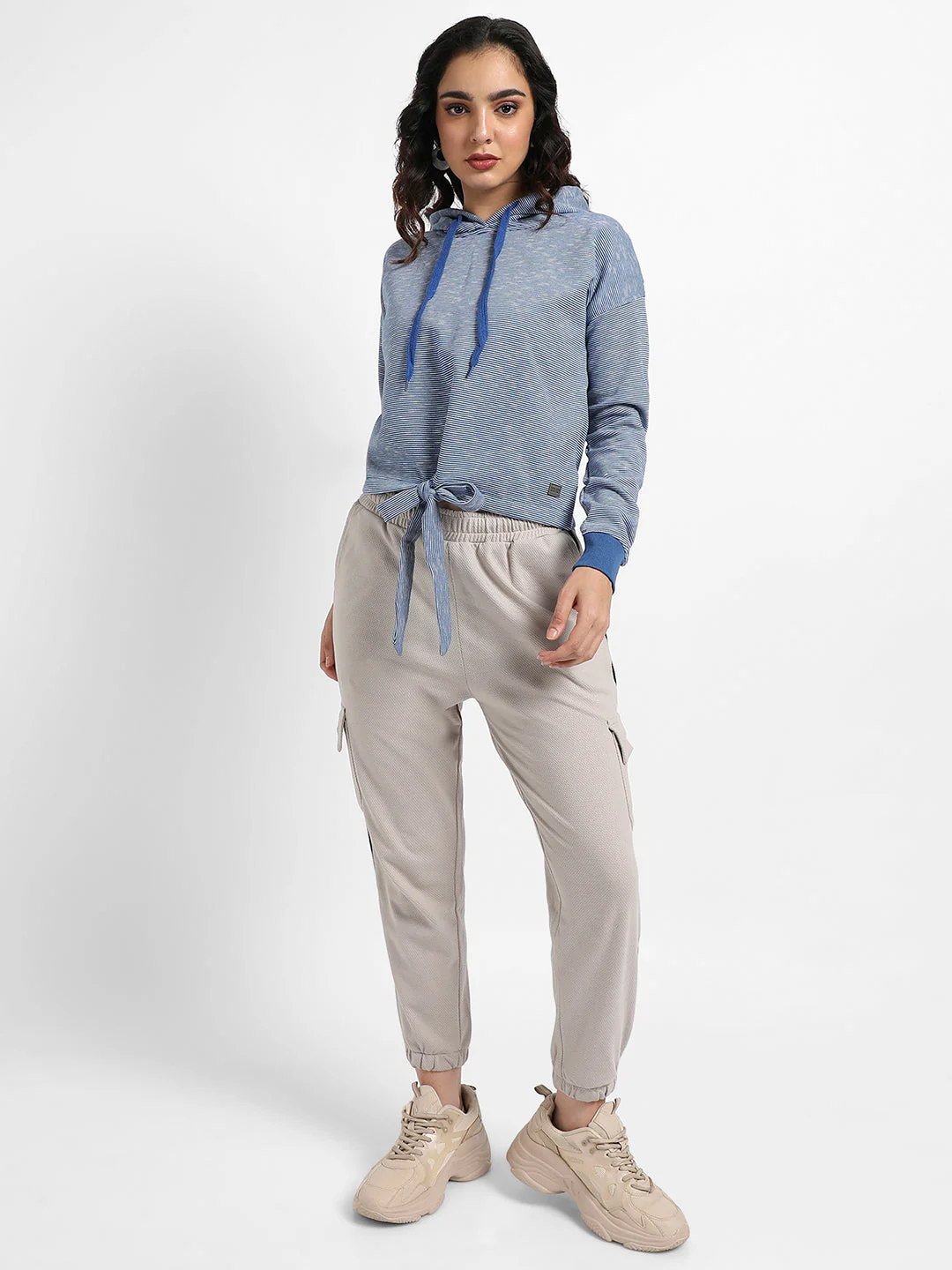 Striped Hoodie With Tie-Up Waist - Image 5