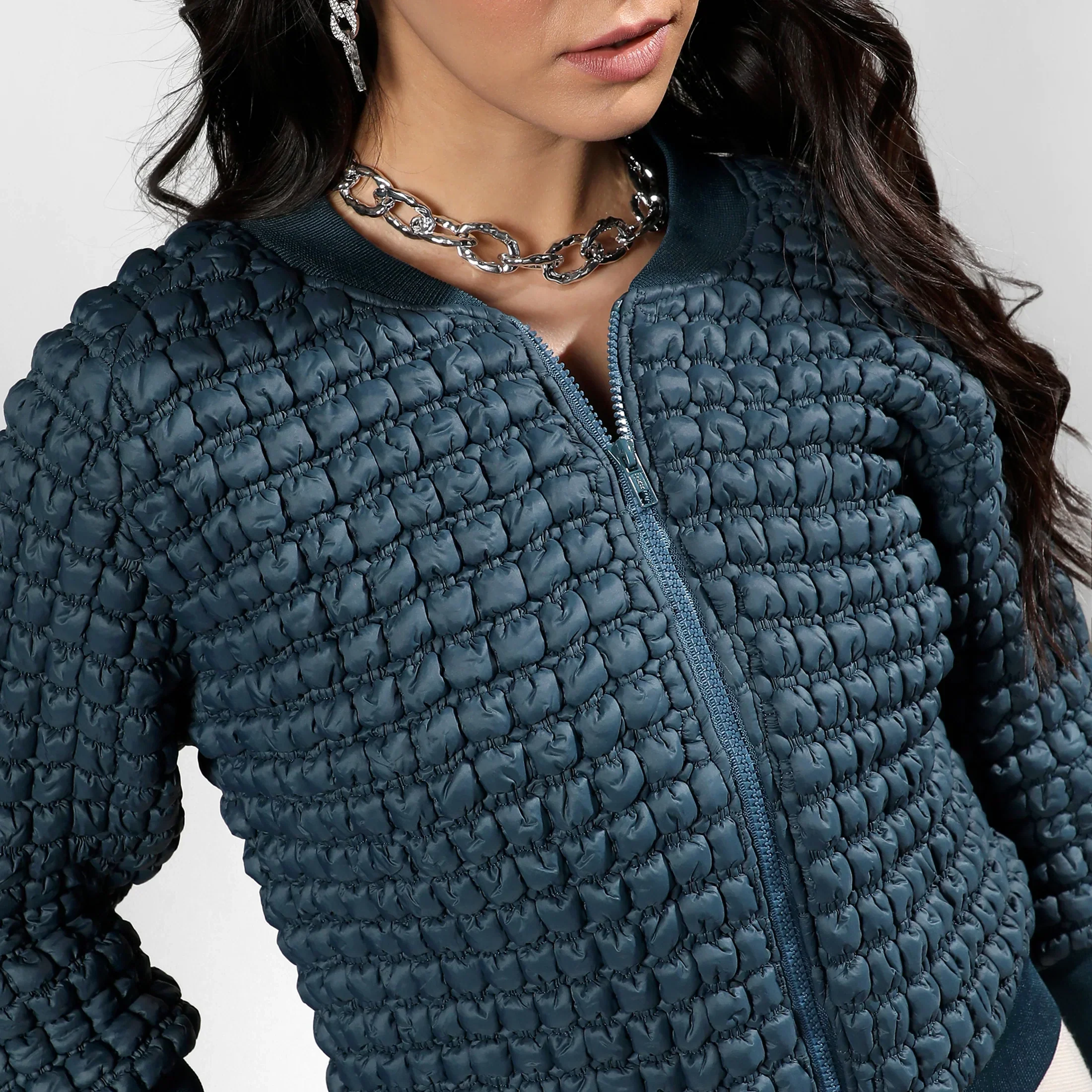 Teal Blue Creased Ripple Quilted Puffer Jacket - Image 7