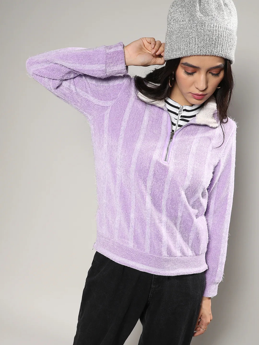 Lilac Textured Self-Design Striped Sweatshirt