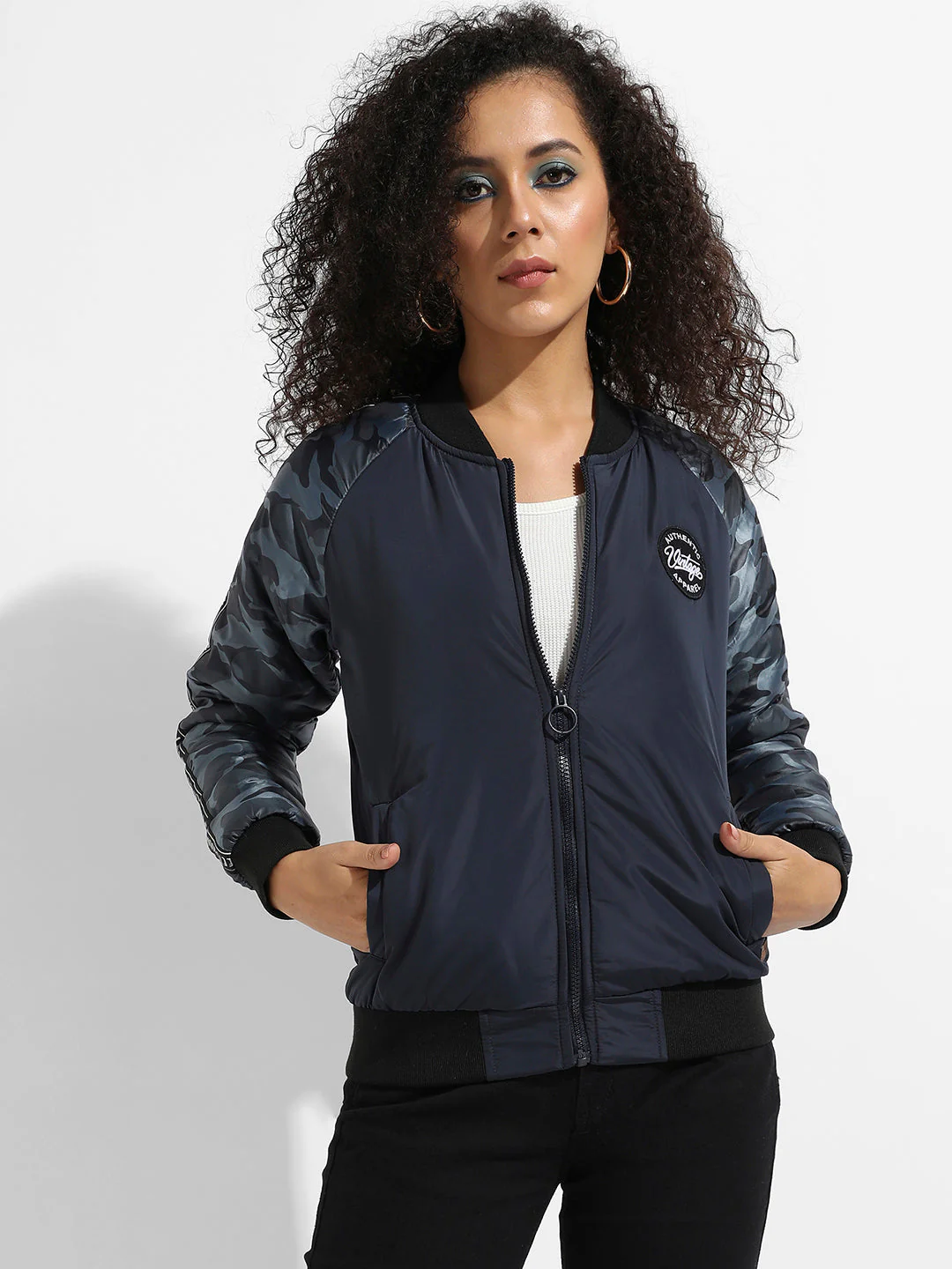 Zip-Front Bomber Jacket With Camouflage Sleeves - Image 2