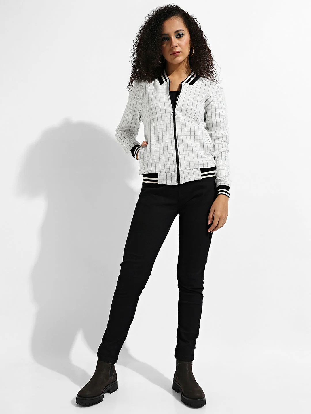 Zip-Front Checkered Jacket With Contrast Hem - Image 5