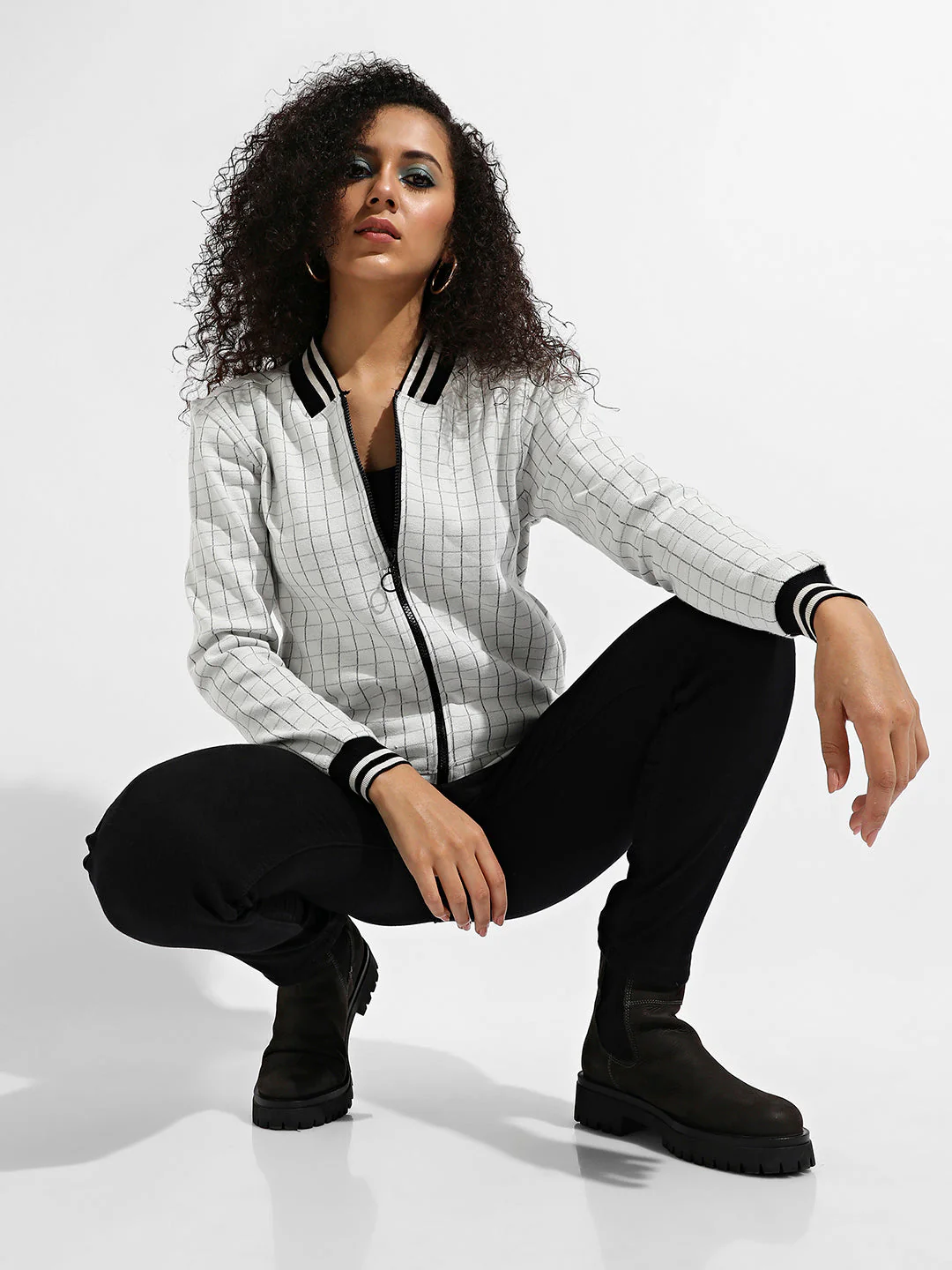 Zip-Front Checkered Jacket With Contrast Hem - Image 6
