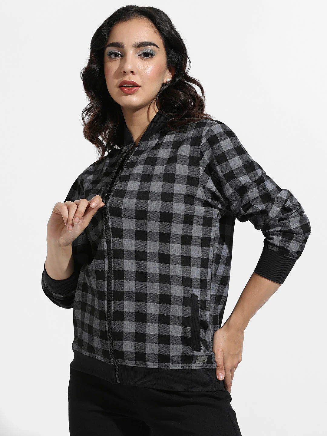 Zip-Front Checkered Jacket With Ribbed Hem - Image 2