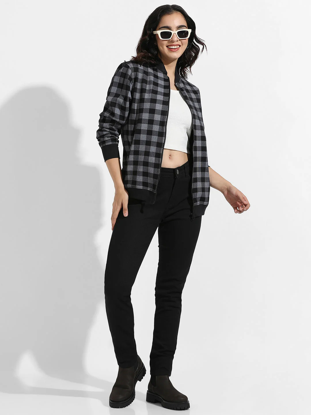 Zip-Front Checkered Jacket With Ribbed Hem - Image 6