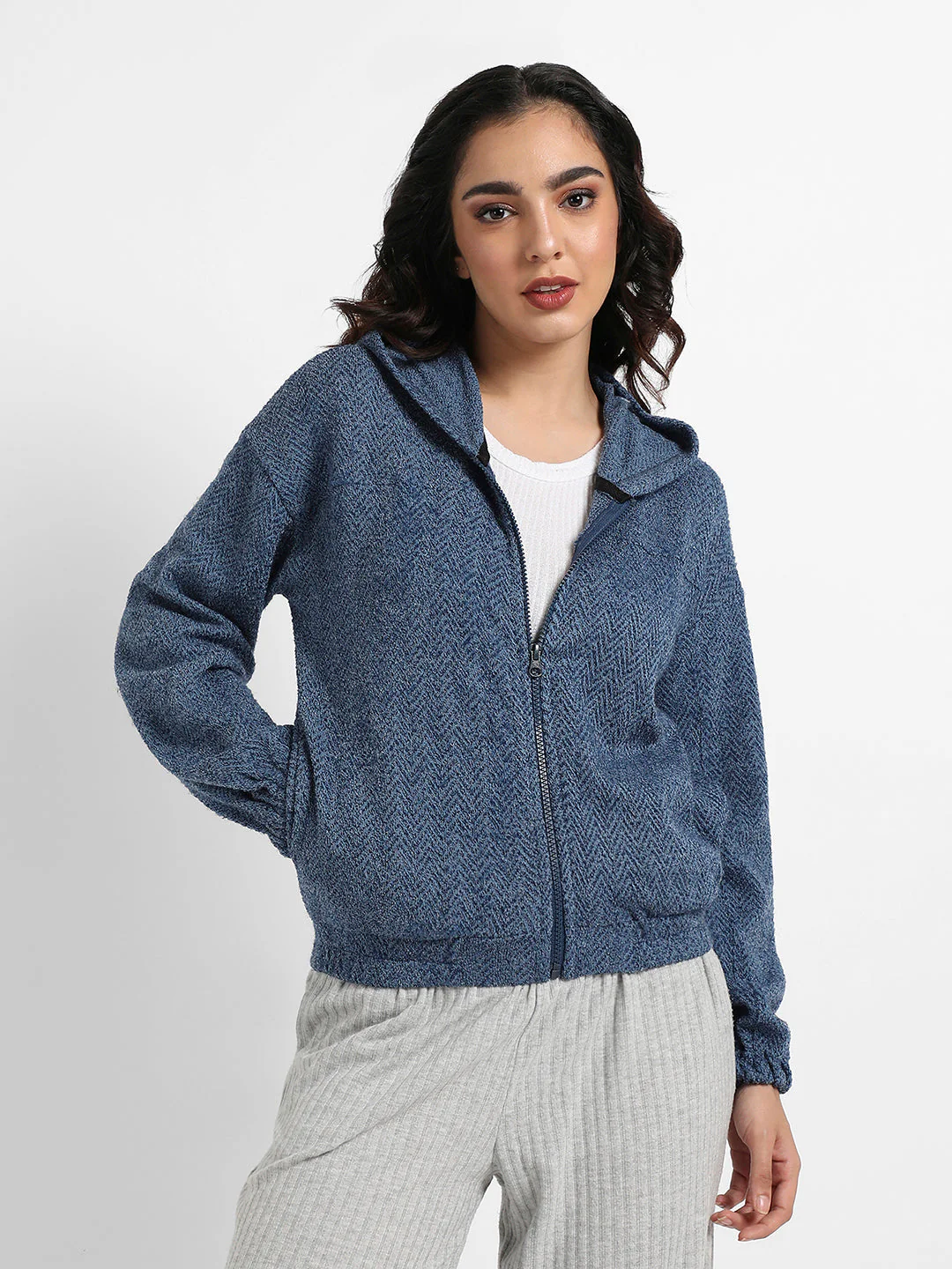 Zip-Front Chevron Hoodie With Elasticated Hem - Image 2