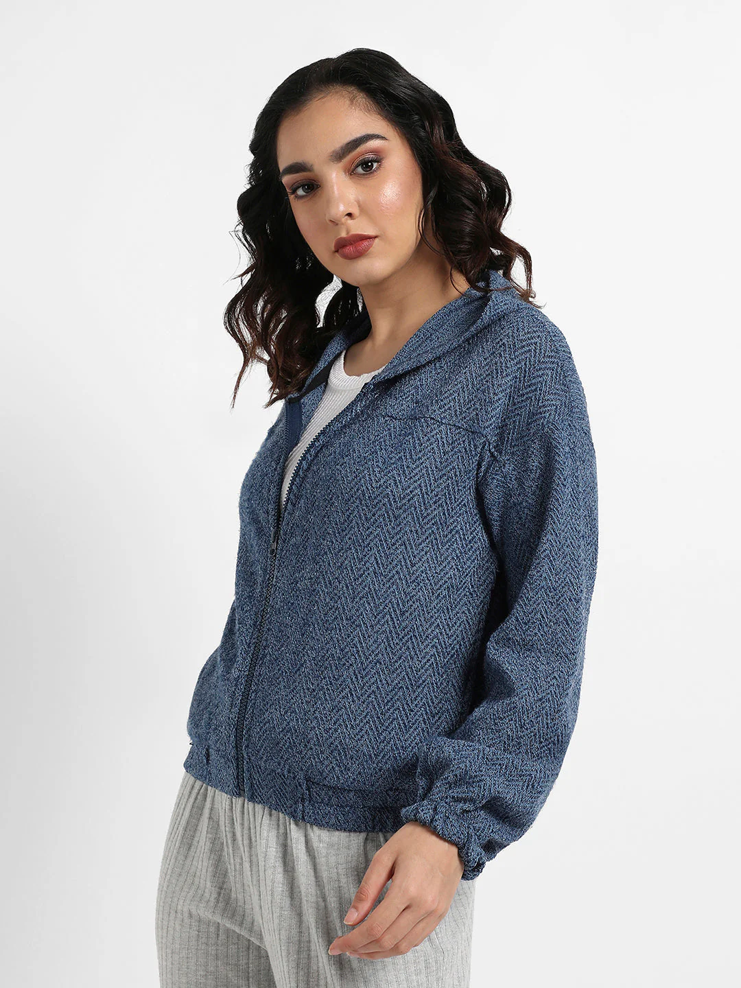 Zip-Front Chevron Hoodie With Elasticated Hem - Image 3