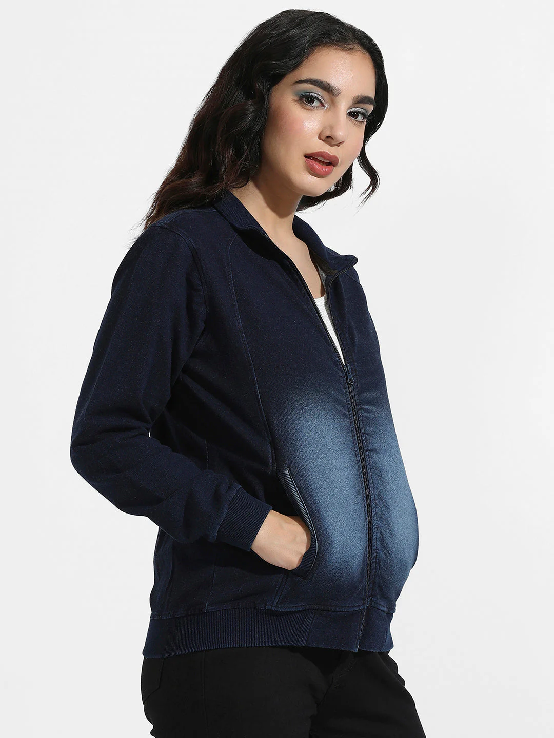 Zip Front Dark-Wash Denim Jacket - Image 3