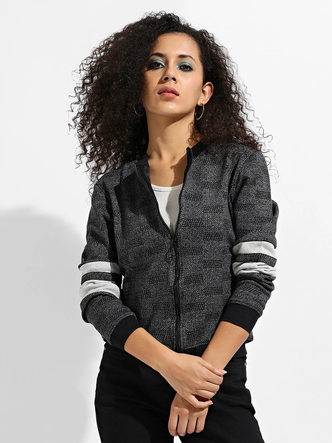 Zip-Front Textured Jacket With Contrast Stripe Sleeve - Image 2