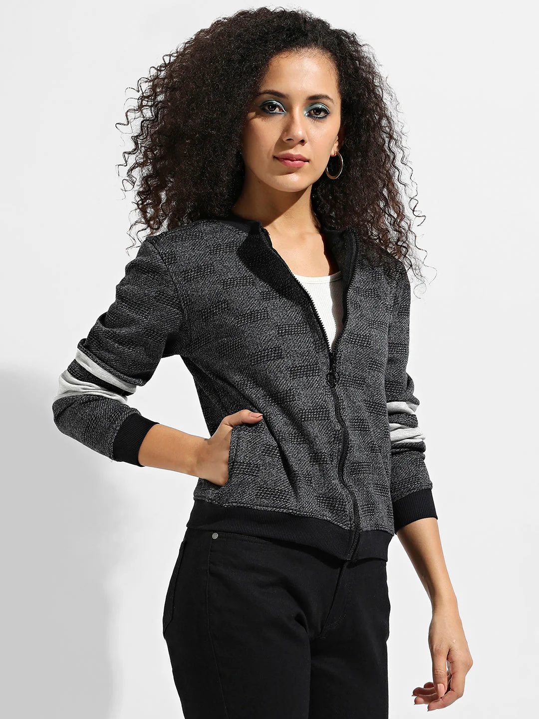 Zip-Front Textured Jacket With Contrast Stripe Sleeve - Image 3