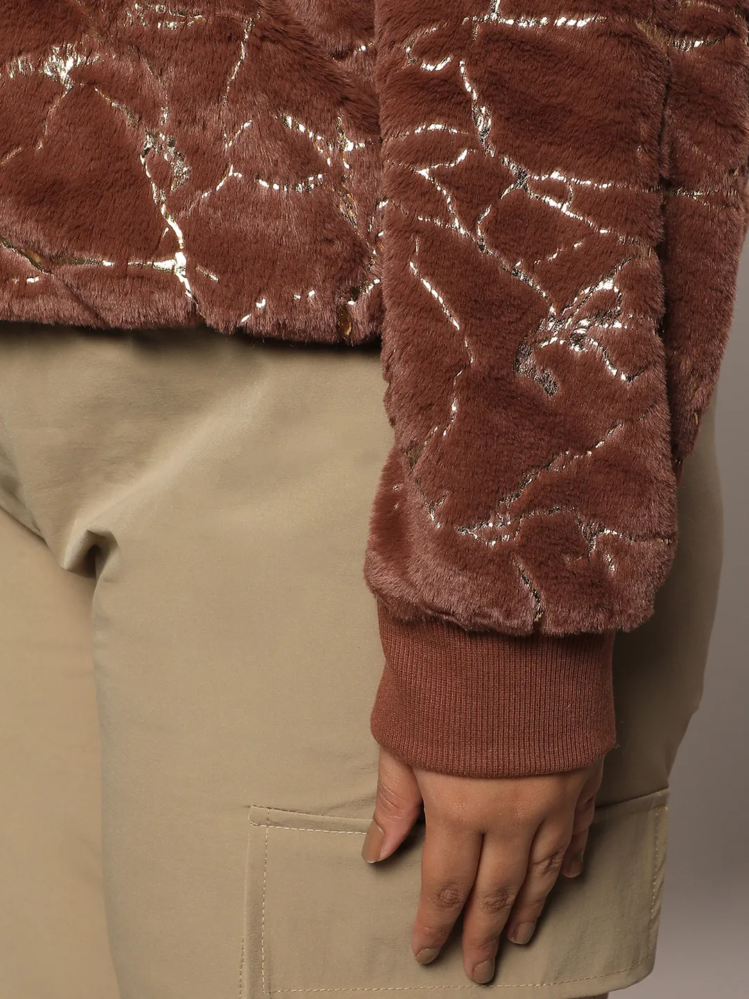 Chocolate Brown Metallic Veined Faux Fur Jacket - Image 8