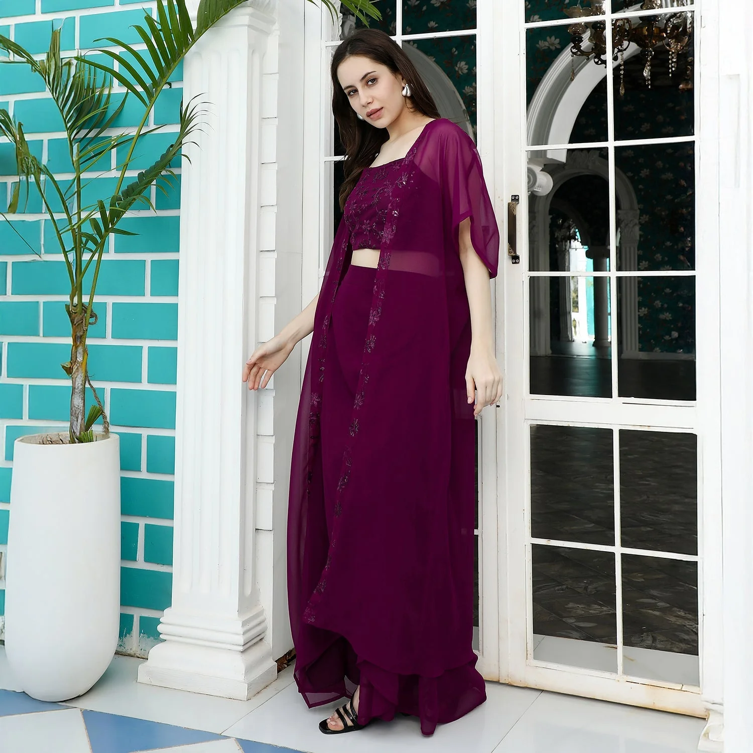 Floral-Embroidery Draped Co-Ord Set - Image 2