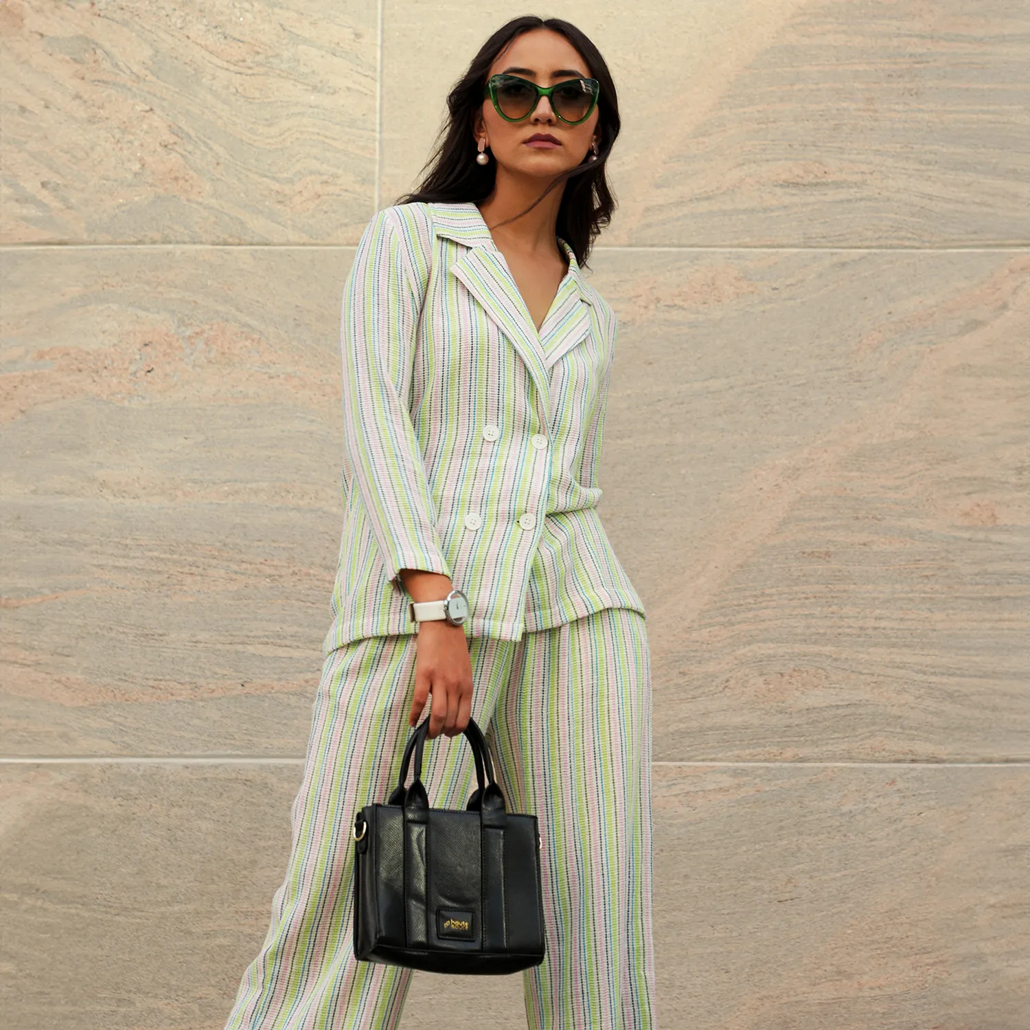 Unbalanced Striped Double-Breasted Co-Ord Set - Image 2