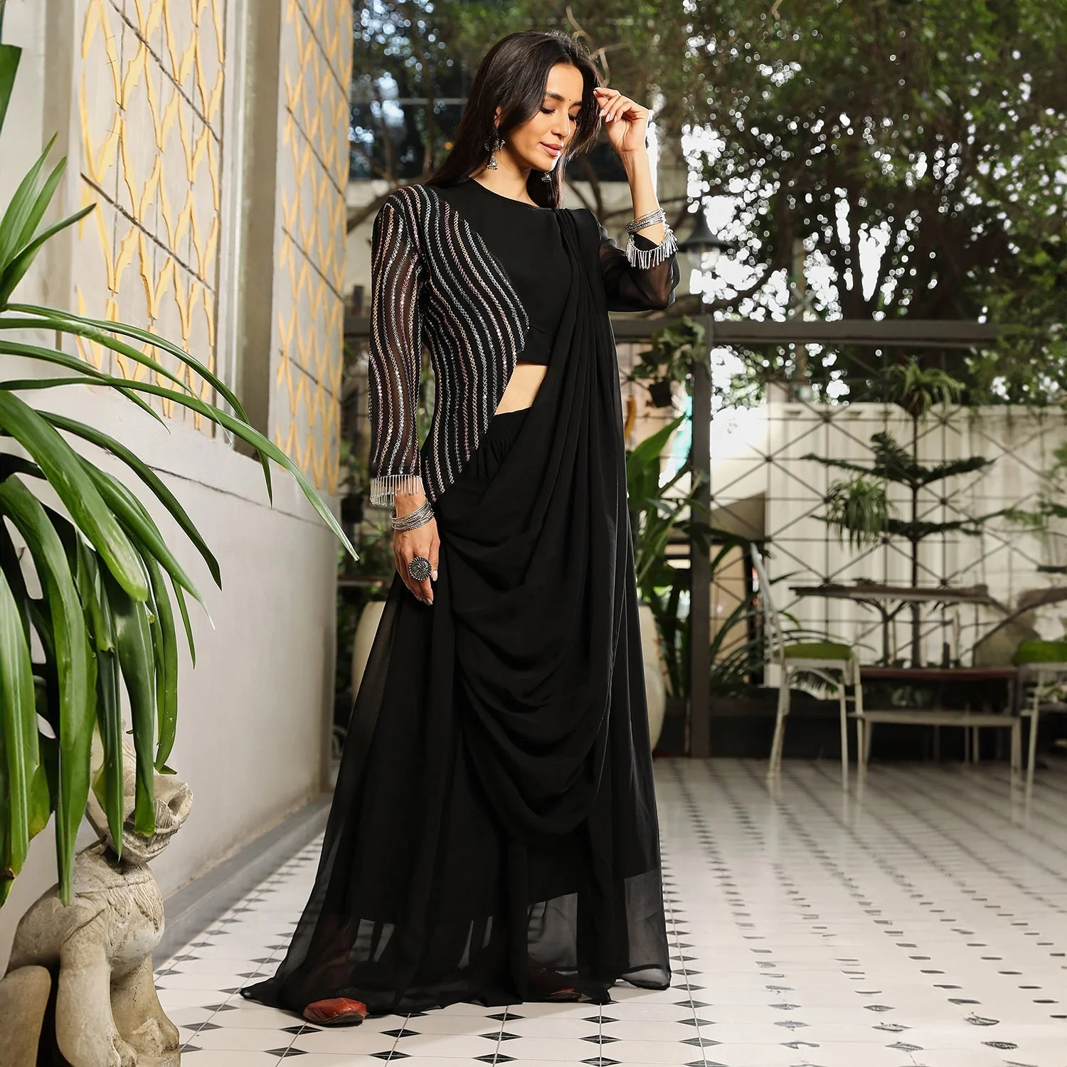 Embellished Lined Pre-Draped Saree - Image 7